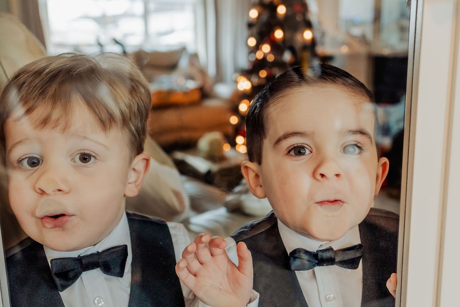 Series of close-up shots showing playful expressions and bow ties.