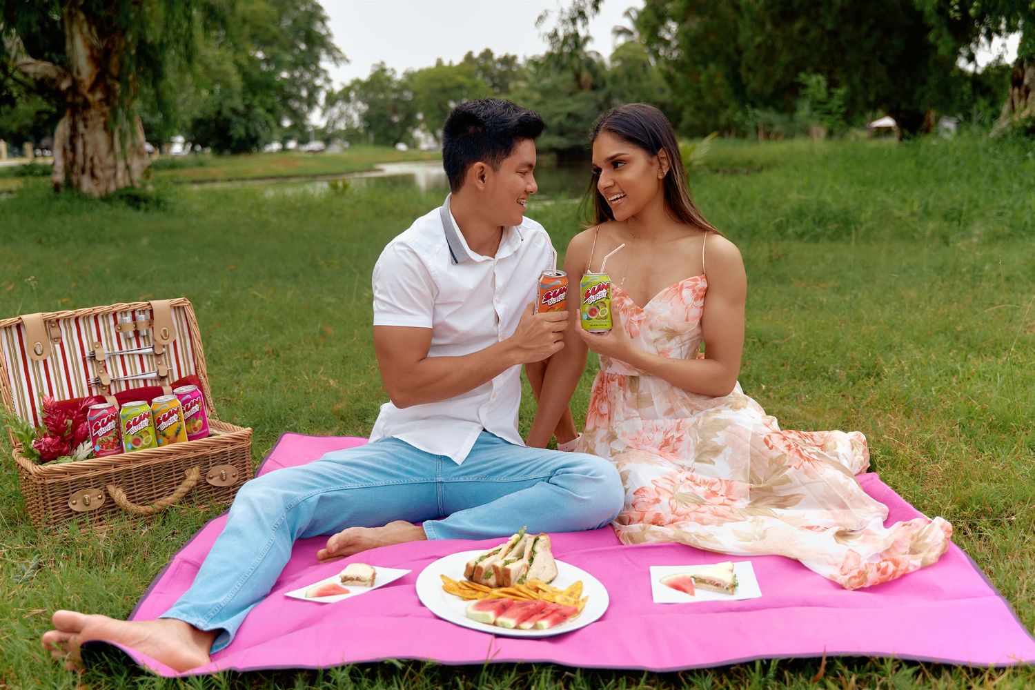 Couple enjoying a romantic picnic with food and drinks on a pink blanket in a sunny outdoor setting.