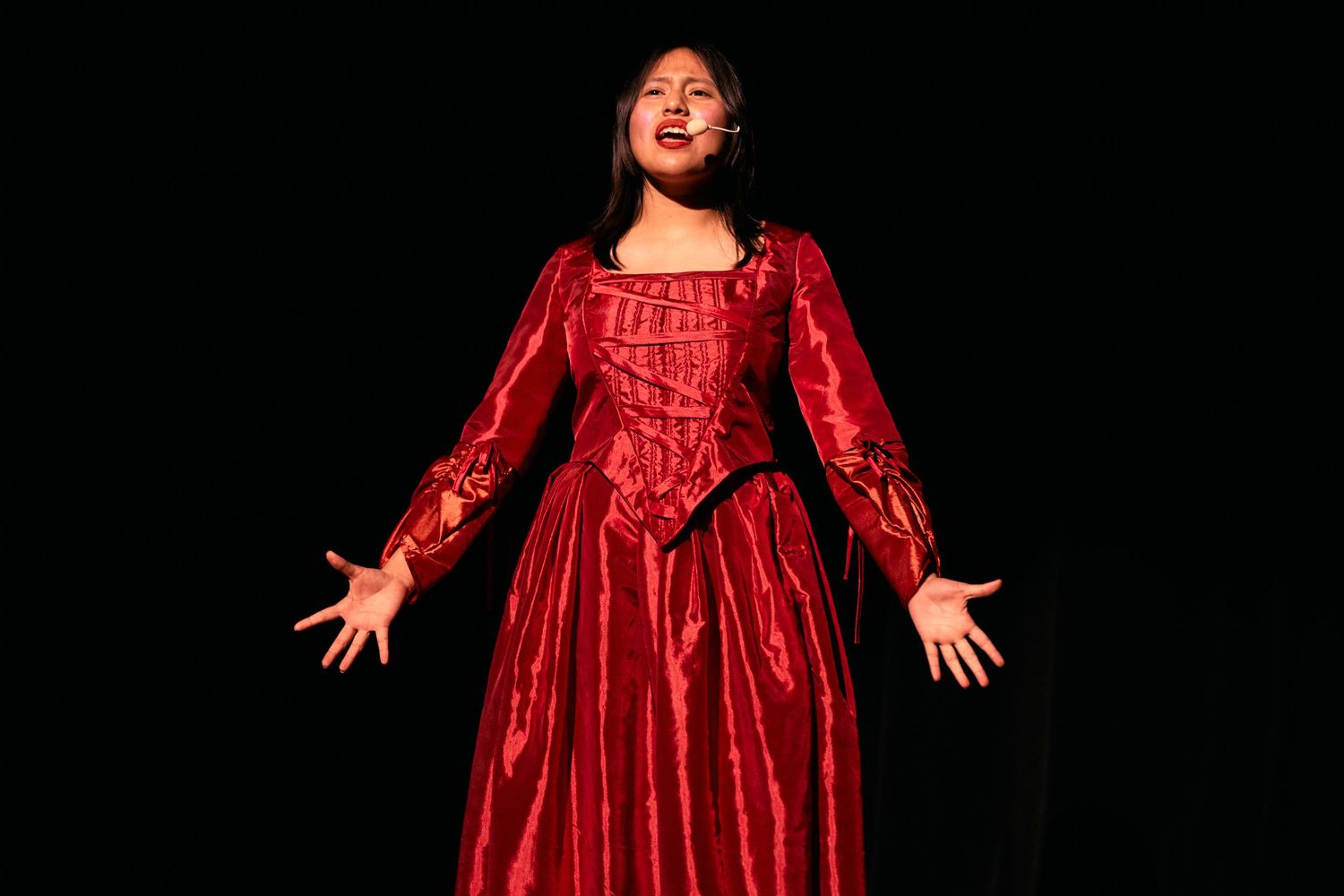 A person in a flowing red velvet dress poses expressively against a dark background in multiple sequential shots.