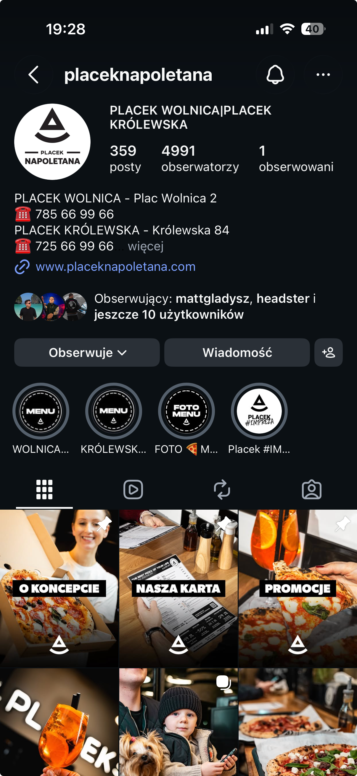Instagram profile page of Placek Napoletana Polish restaurant with 359 posts, 4991 followers, and location details.