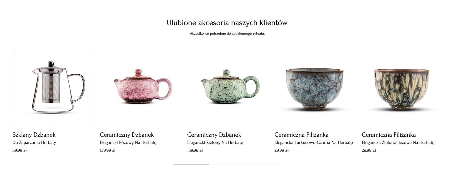 A collection of ceramic teapots and bowls in earthy tones displayed on a white shelf in a Polish online store.
