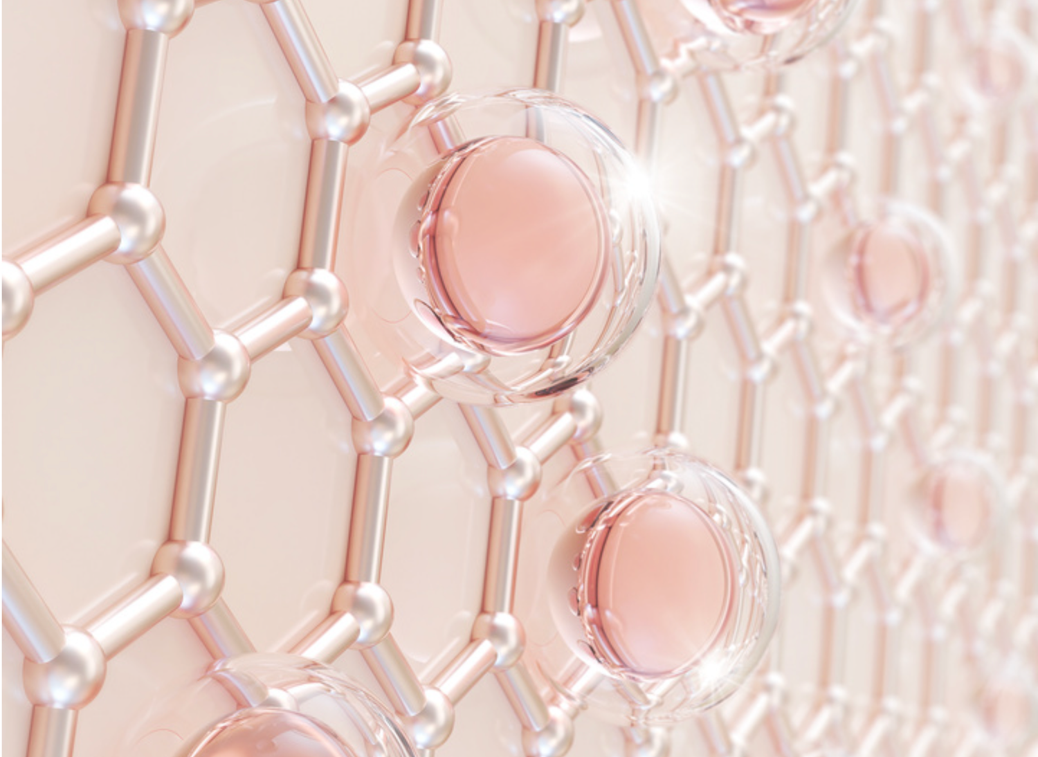 Abstract pink and white molecular structure pattern with connected spheres and lines in a repeating design.