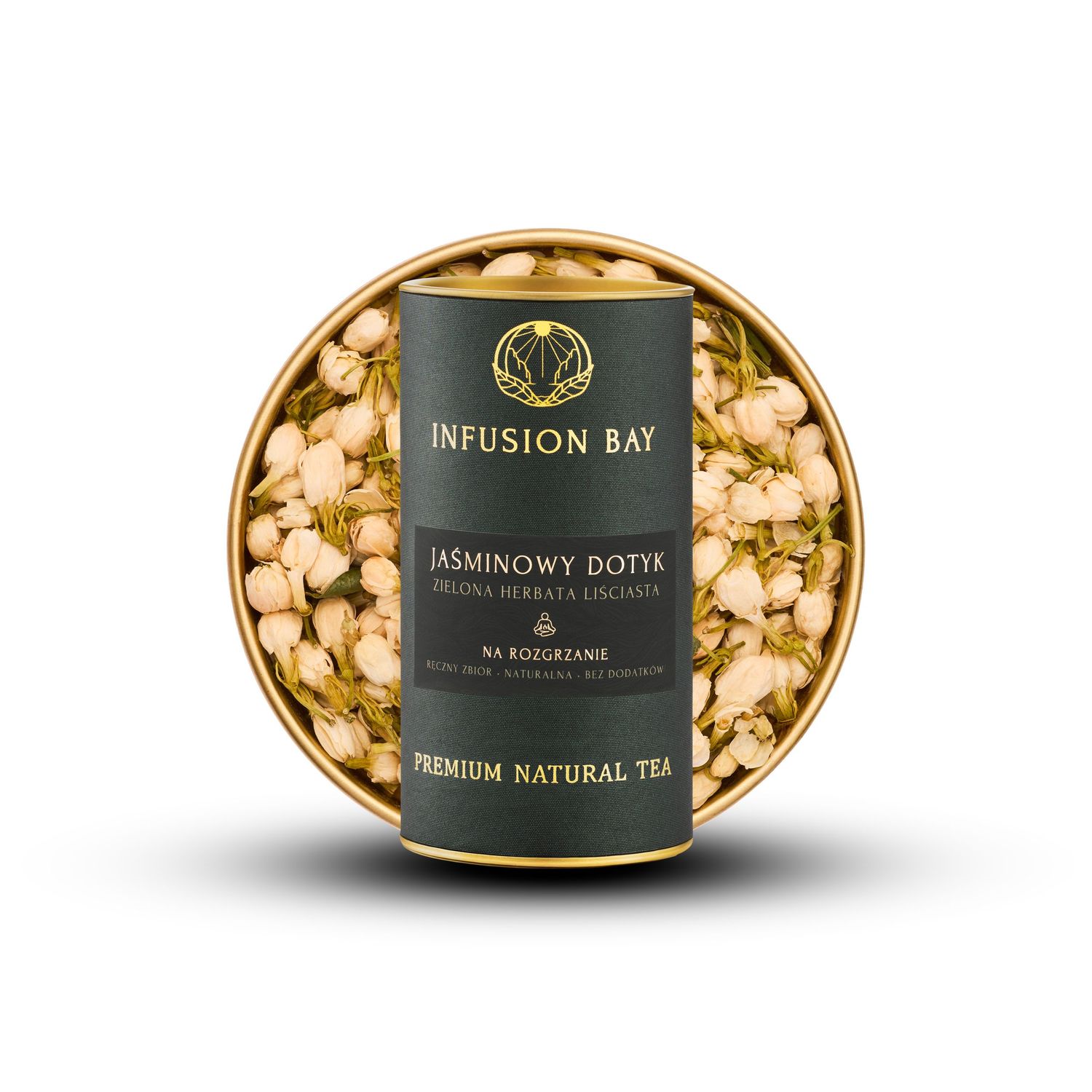 Infusion Bay Jasminowy Dotyk premium natural green tea with jasmine flowers in elegant dark cylindrical tin container.