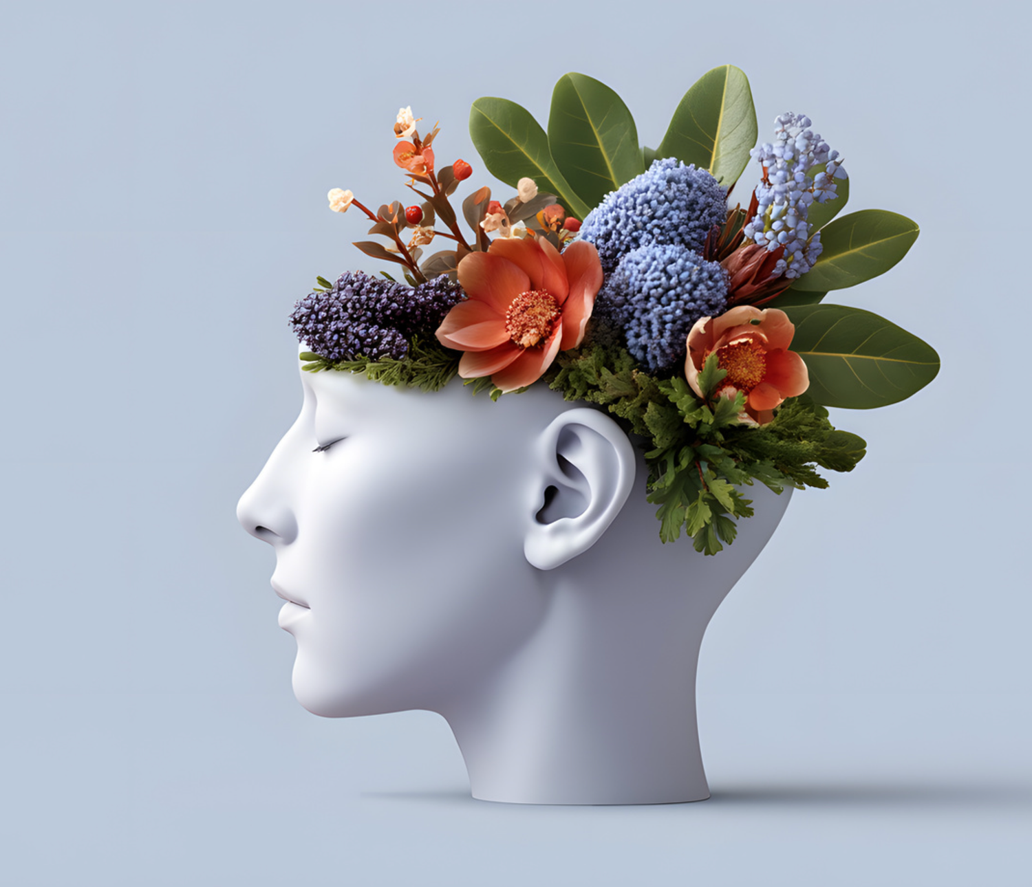 White mannequin head profile with decorative floral arrangement of orange roses and blue hydrangeas on top.