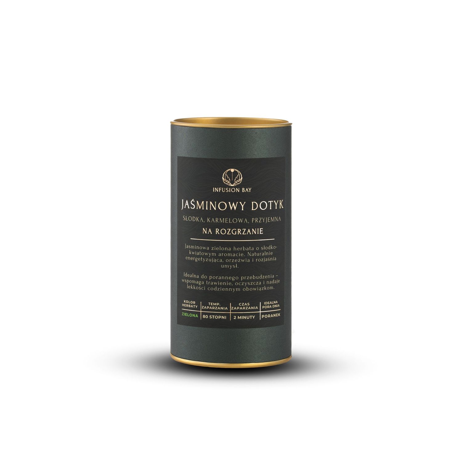 Jasminowy Dotyk herbal tea blend in elegant dark green cylindrical canister with gold accents.