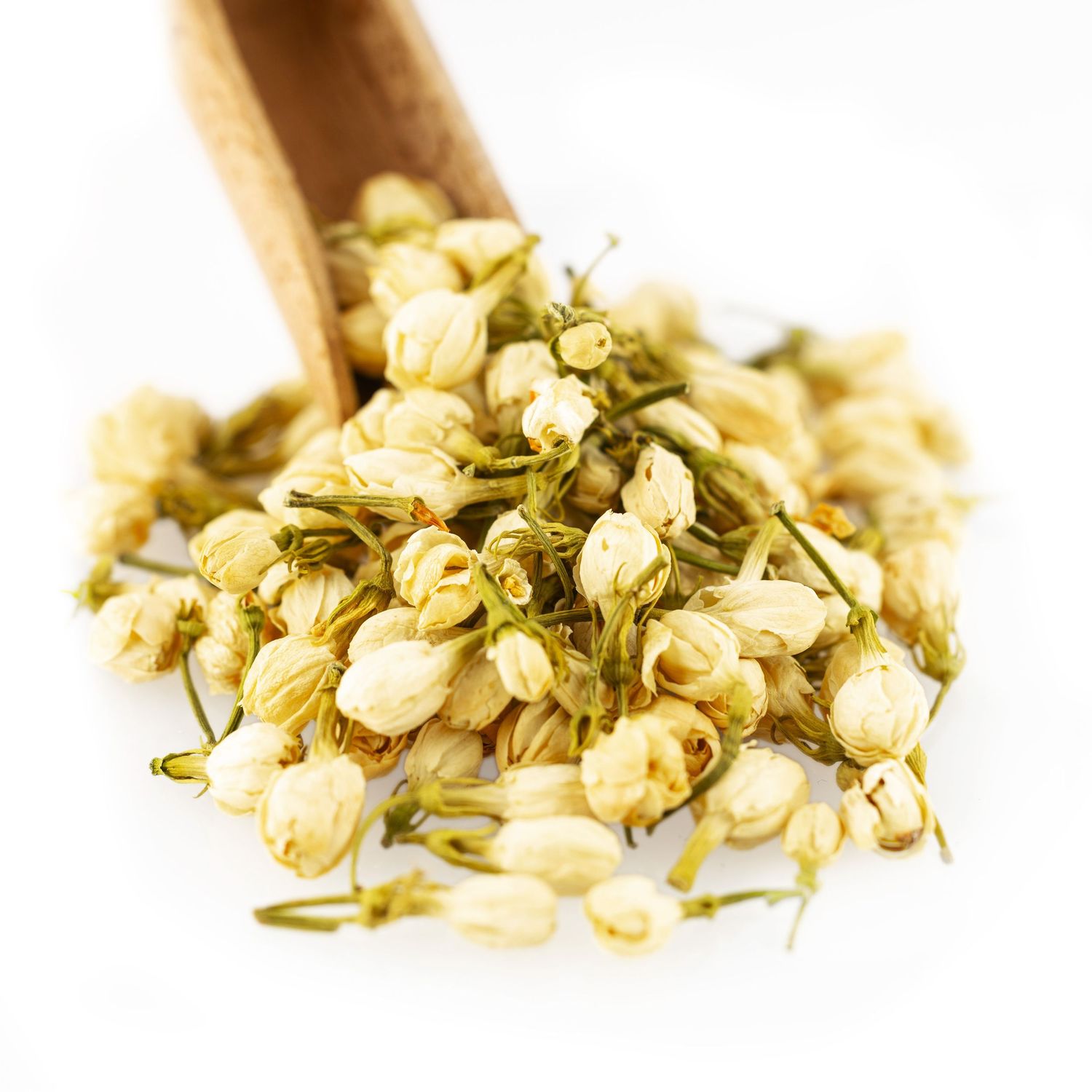 Dried jasmine flower buds on a wooden scoop for herbal tea on white background.