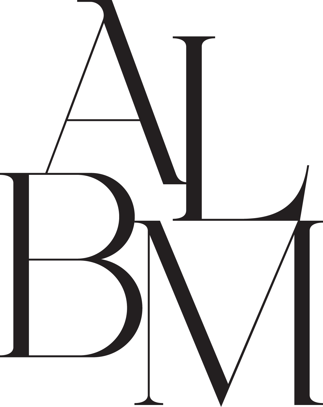 A stylized black and white monogram design with overlapping letters ALBM arranged in a modern minimalist layout.
