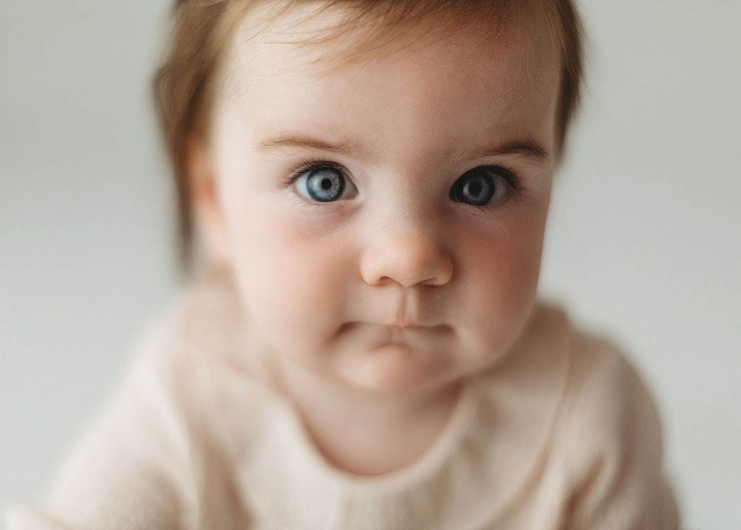 A series of close-up portrait shots showing bright blue eyes and soft features against a light background.