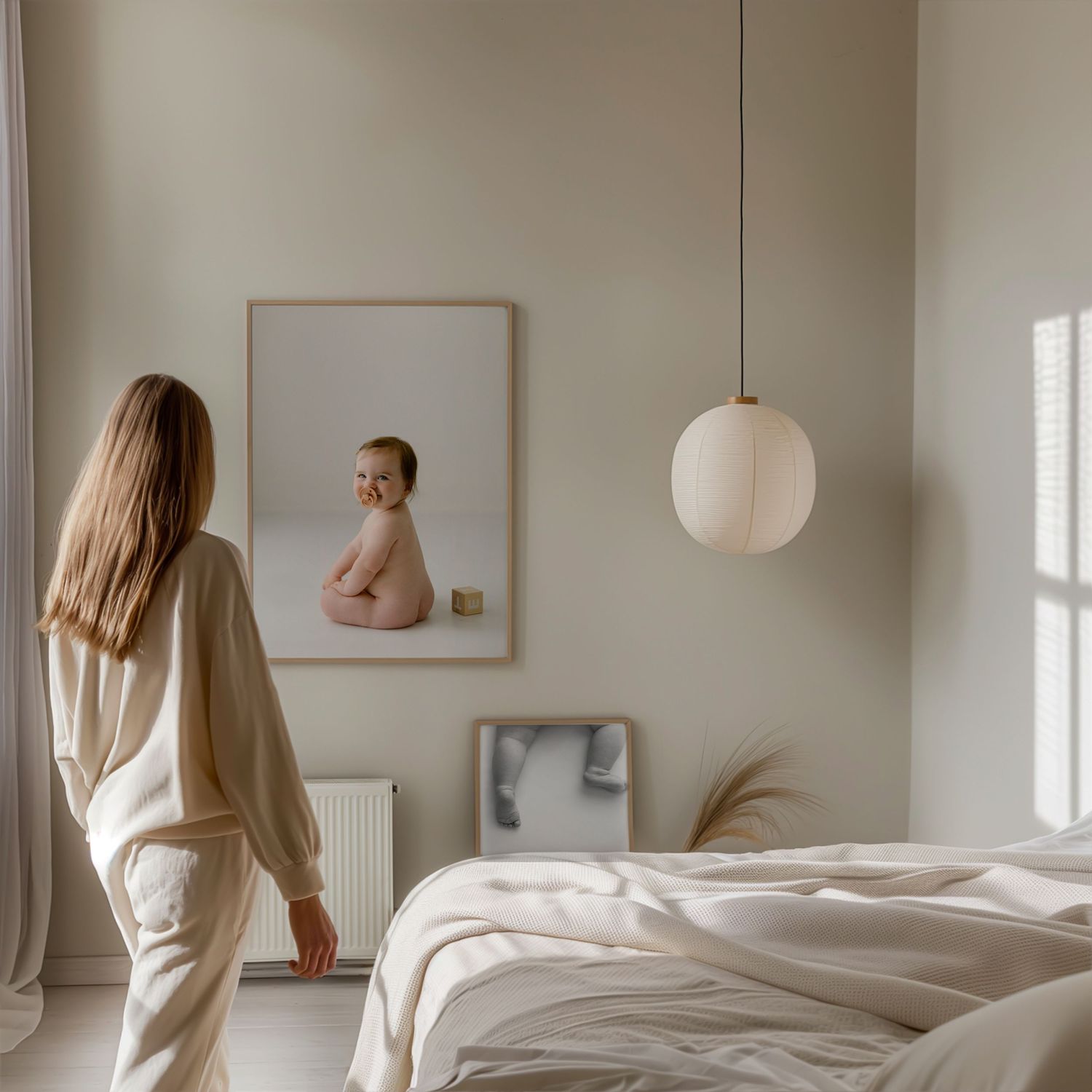 A person in cream pajamas stands in a minimalist bedroom with light decor and a spherical pendant lamp.
