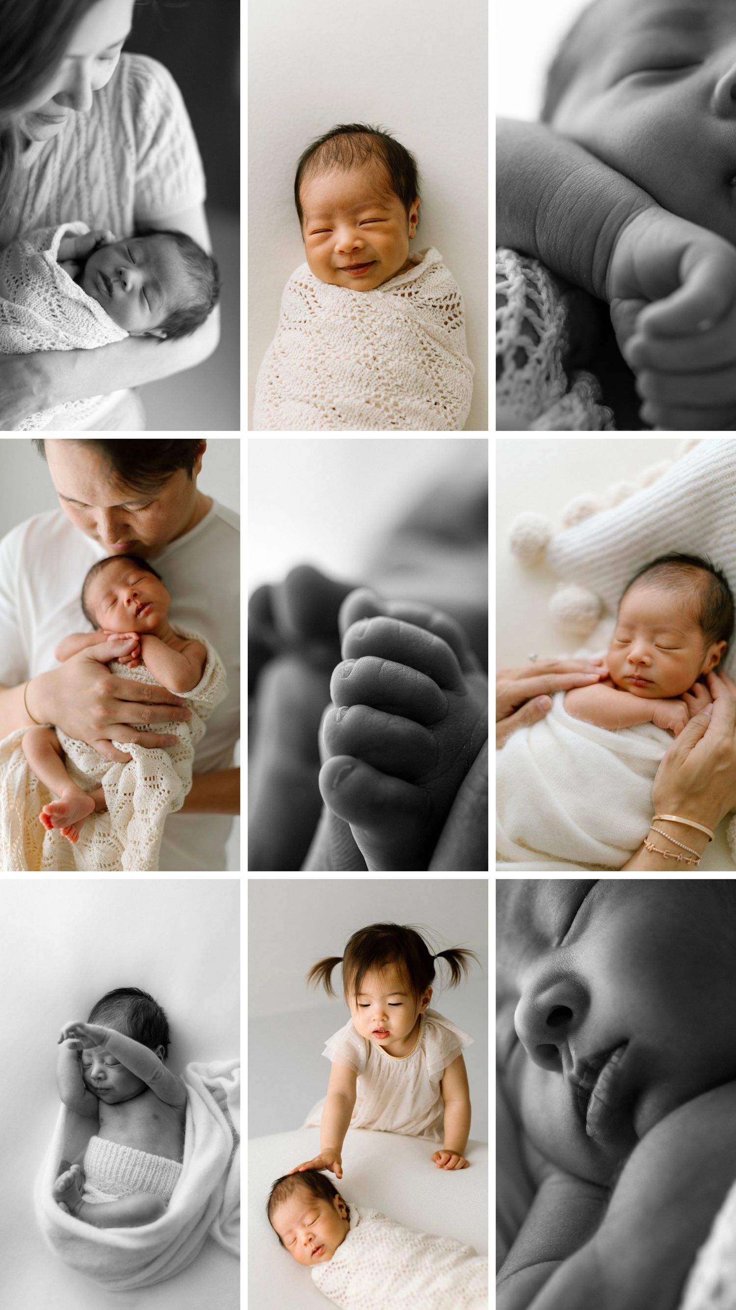 Nine tender black and white newborn photography poses showing intimate moments, tiny details, and gentle embraces in soft light.