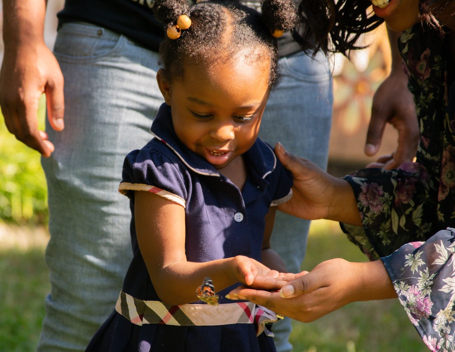 Close-up shot of small hands examining objects in bright natural lighting.