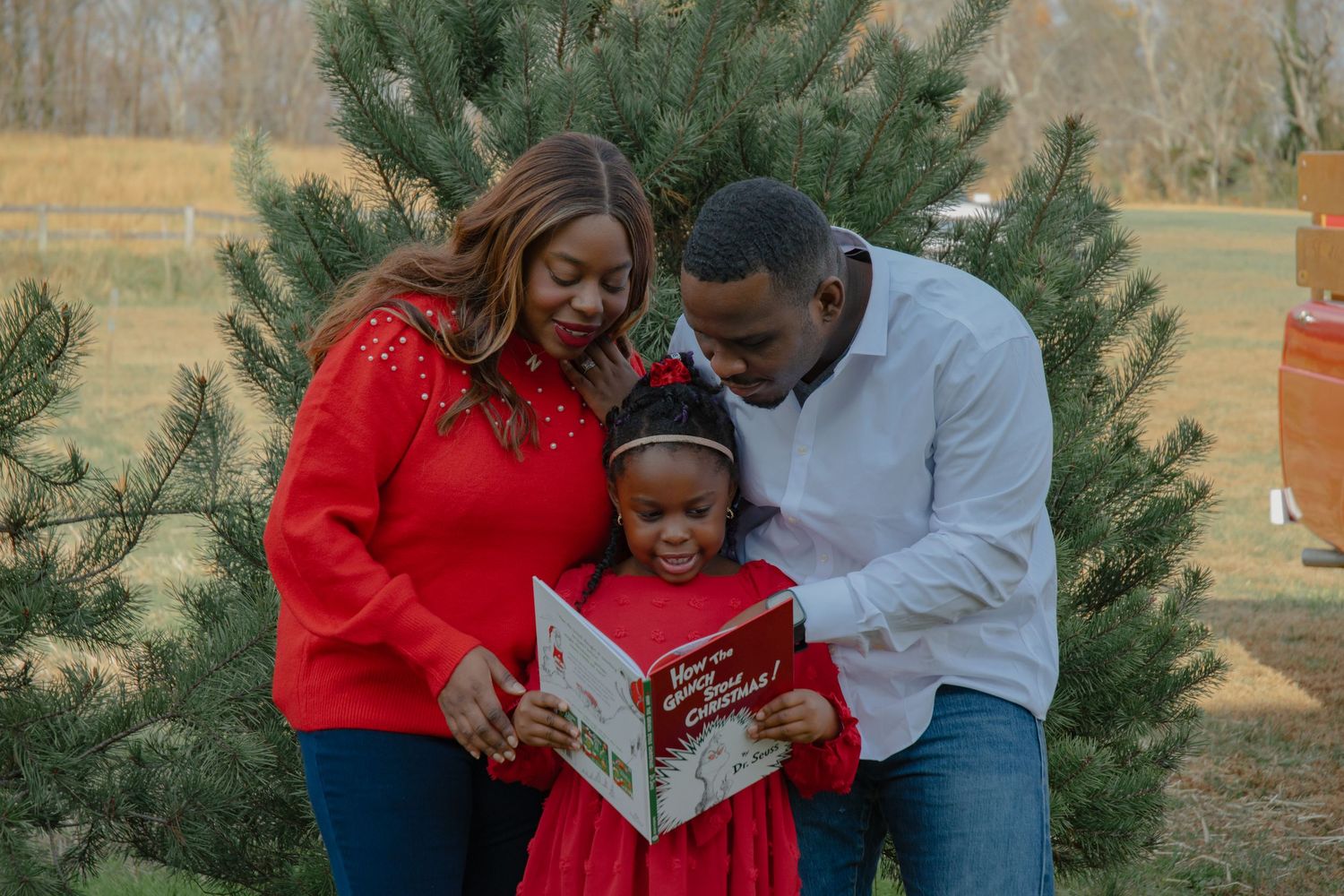 Family gathering around Christmas tree at outdoor tree farm during holiday season.