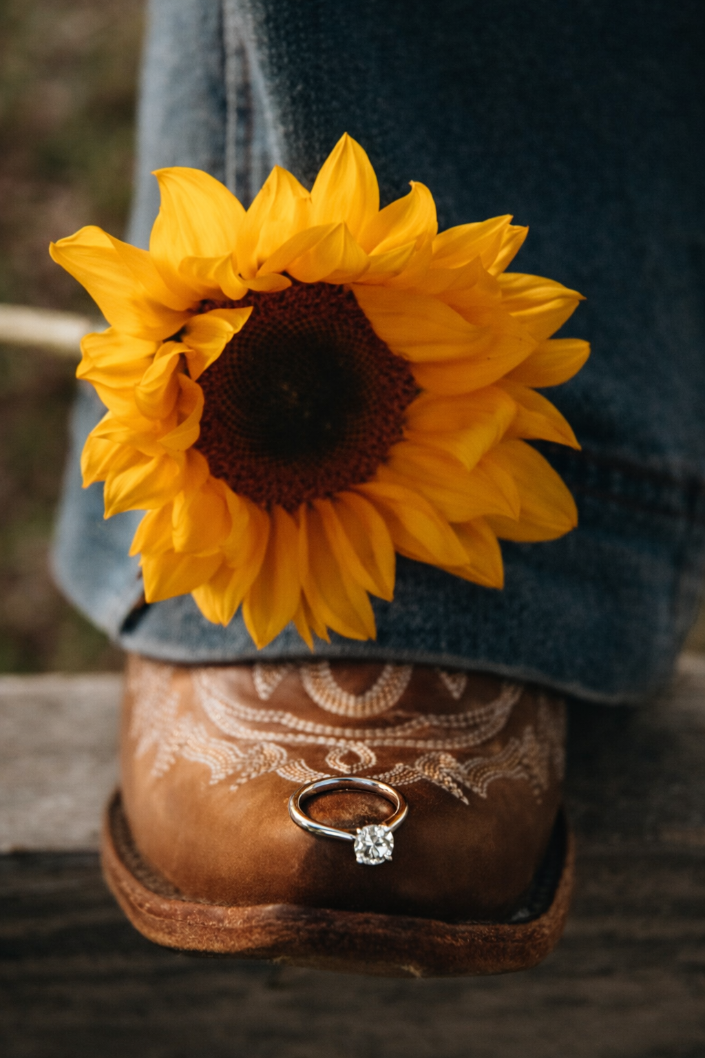 Diamond engagement ring resting on a brown cowboy boot with a bright yellow sunflower tucked into denim jeans.