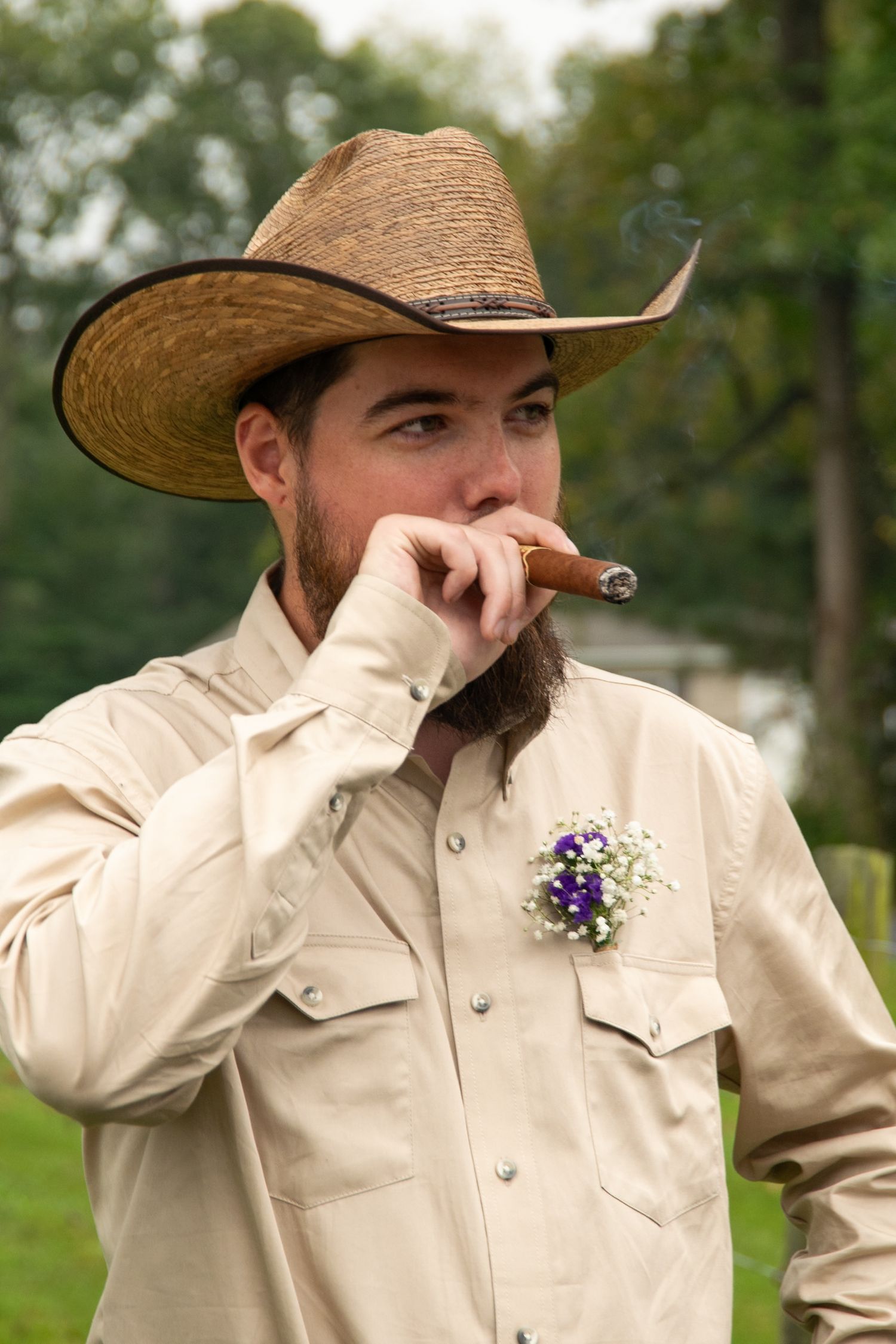 A person in a tan western shirt and straw cowboy hat makes playful expressions in a series of outdoor photos.