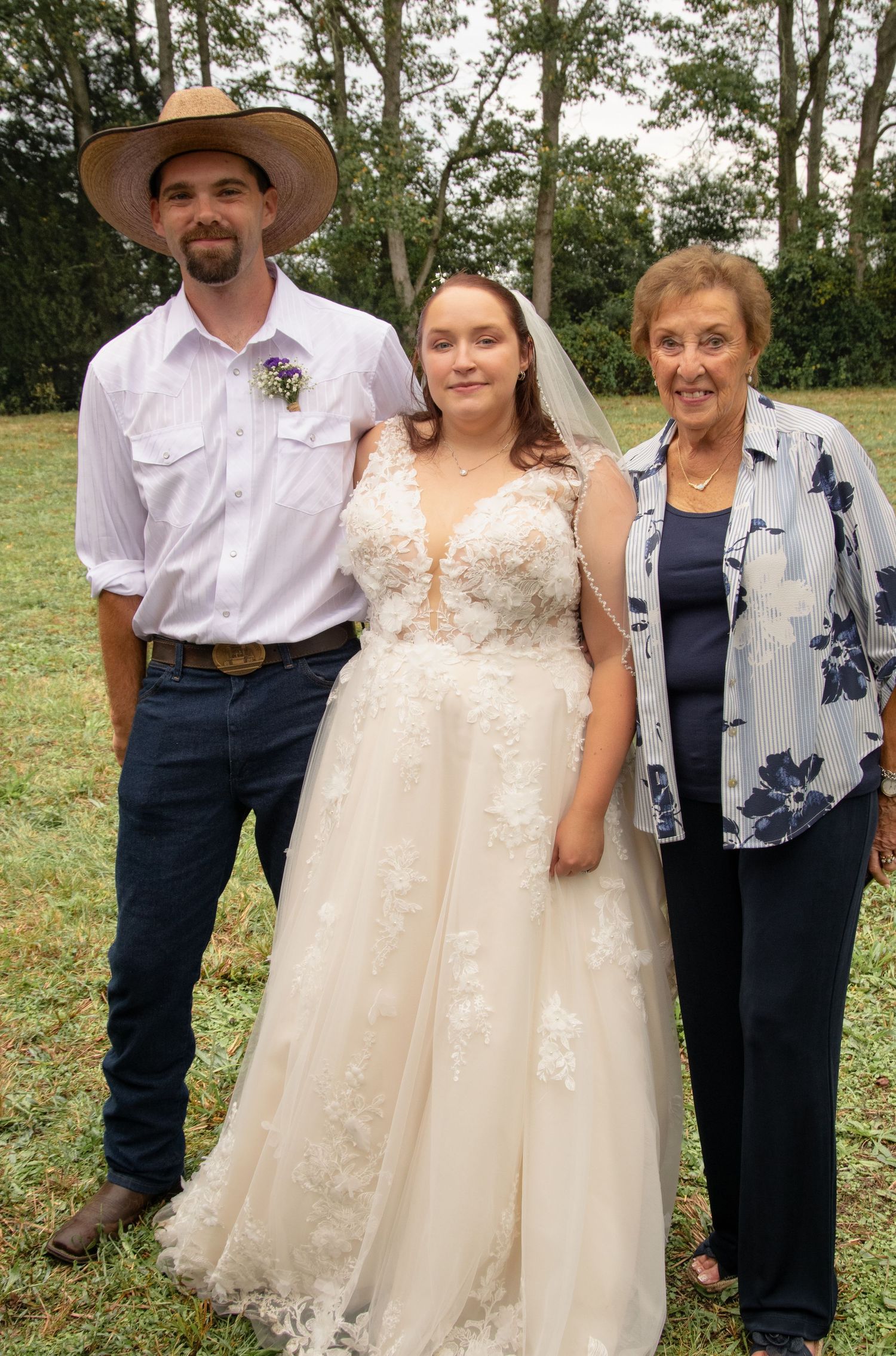 A series of outdoor wedding photos showing people in formal attire including a white lace dress and cowboy hats in a garden setting.