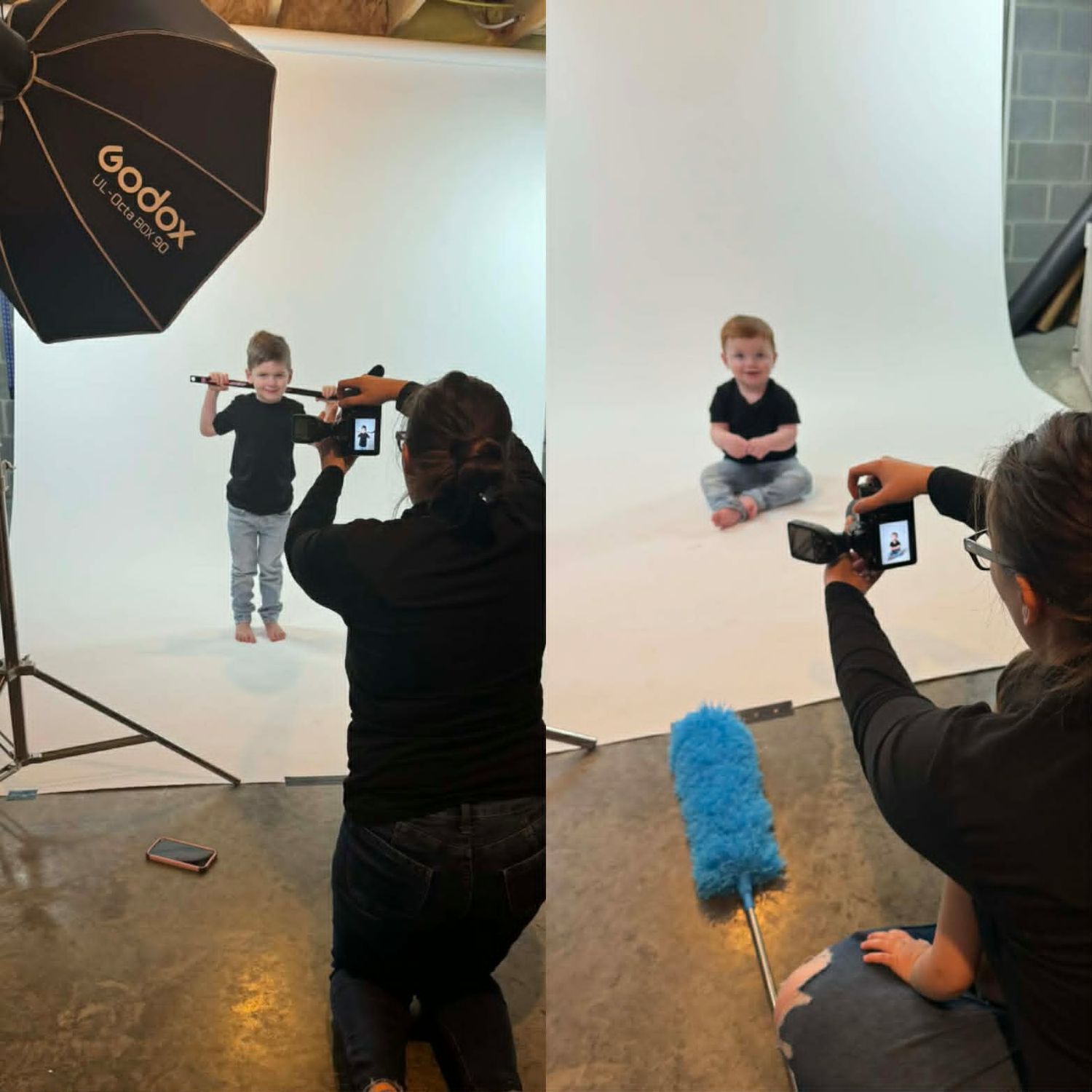 Photographer taking pictures of children in her at home studio with happy kids