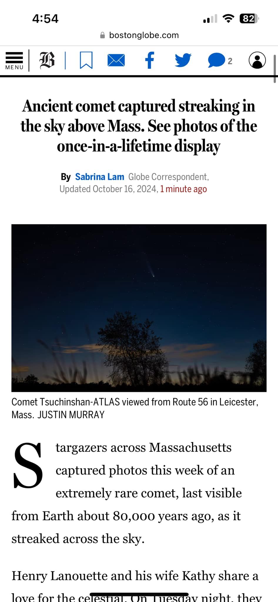 A news article screenshot from the Boston Globe website showing a headline about an ancient comet streaking across the sky.