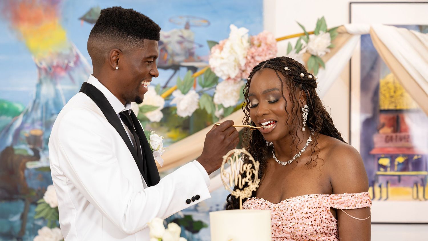 A series of romantic wedding photos showing tender moments between a couple in elegant white attire.