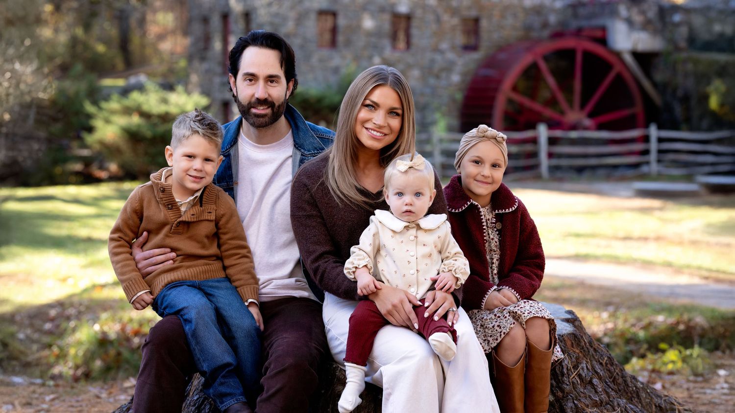 A collage of five outdoor family portrait photos showing people posing together in casual settings during autumn.