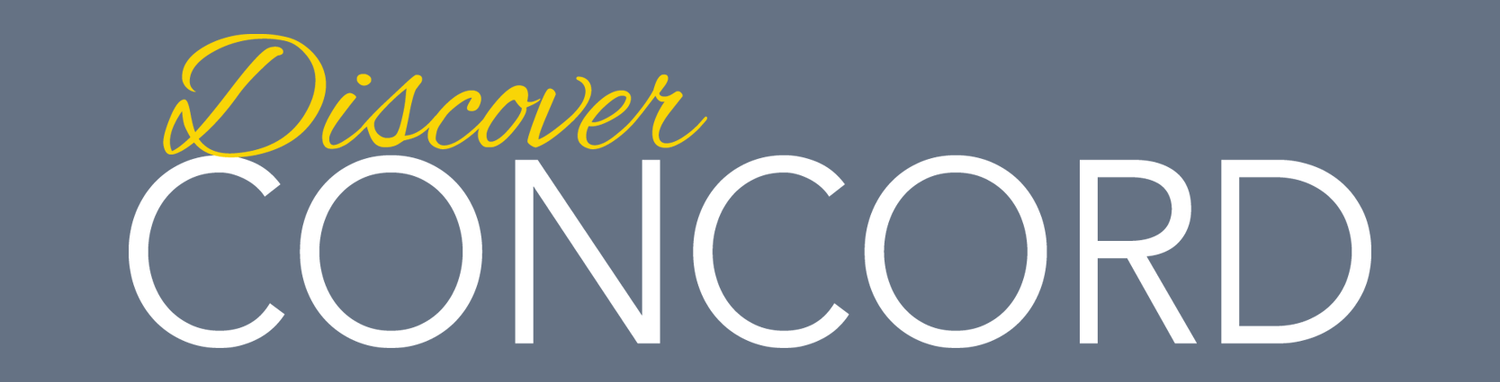 A modern logo design featuring 'Discover Concord' text with yellow and white lettering on a blue-gray background.