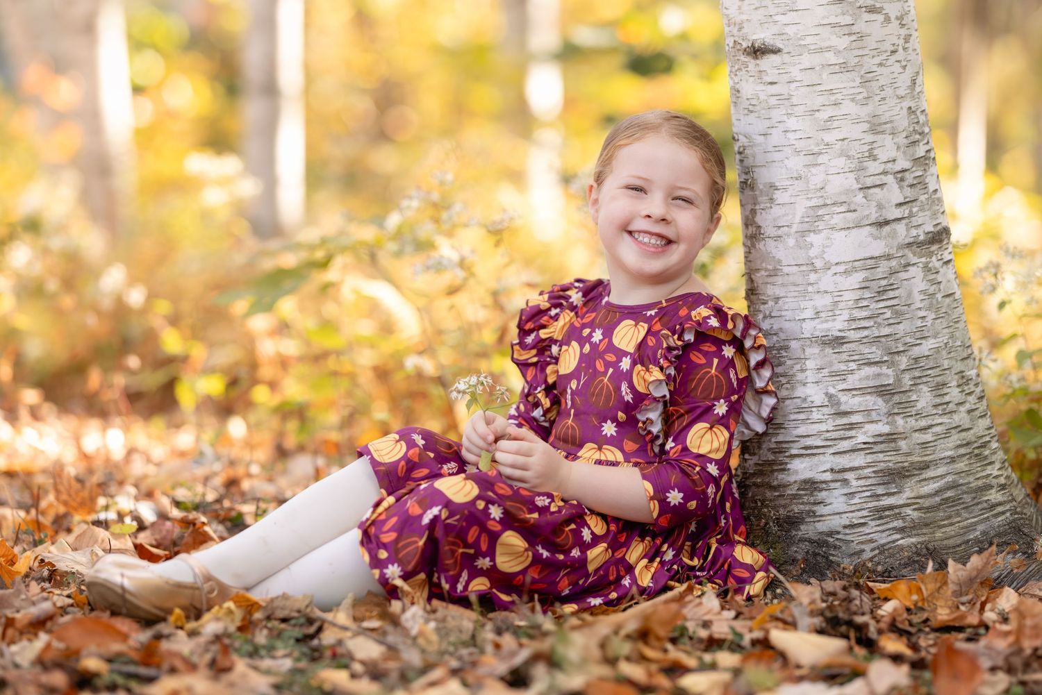 A child in a floral burgundy dress sits against a birch tree surrounded by golden autumn leaves.