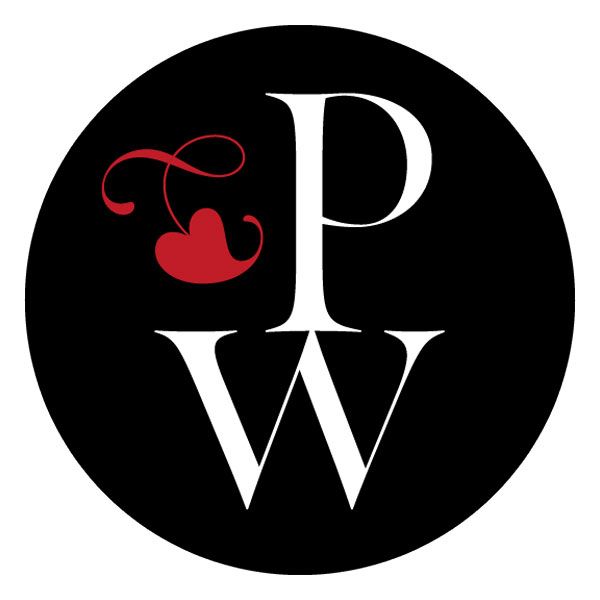 Decorative black and white alphabet letters P, Q, R, S, T, U, V, and W with elegant red flourish accents.