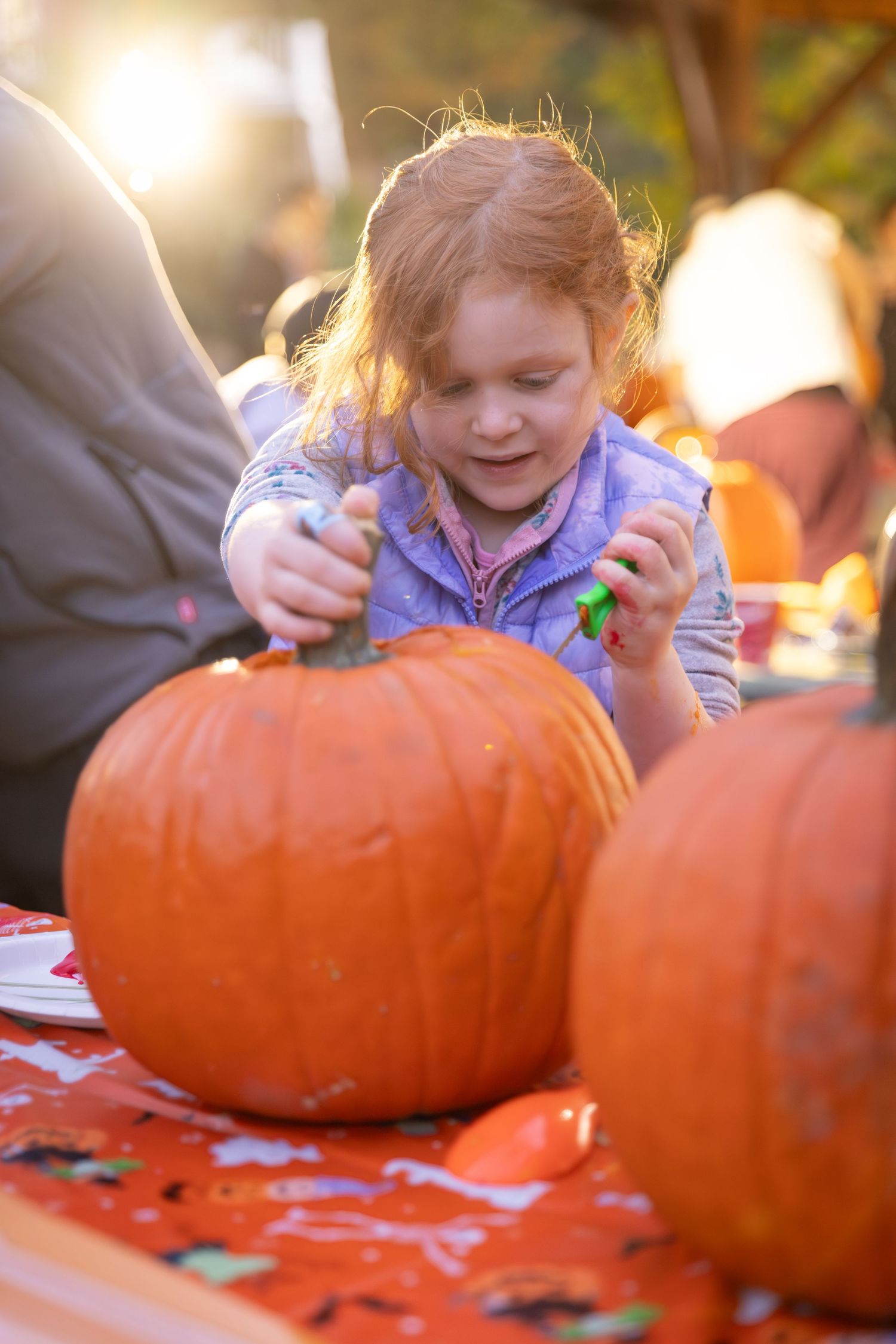A child in a purple jacket excitedly carves a large orange pumpkin at a table during autumn activities.