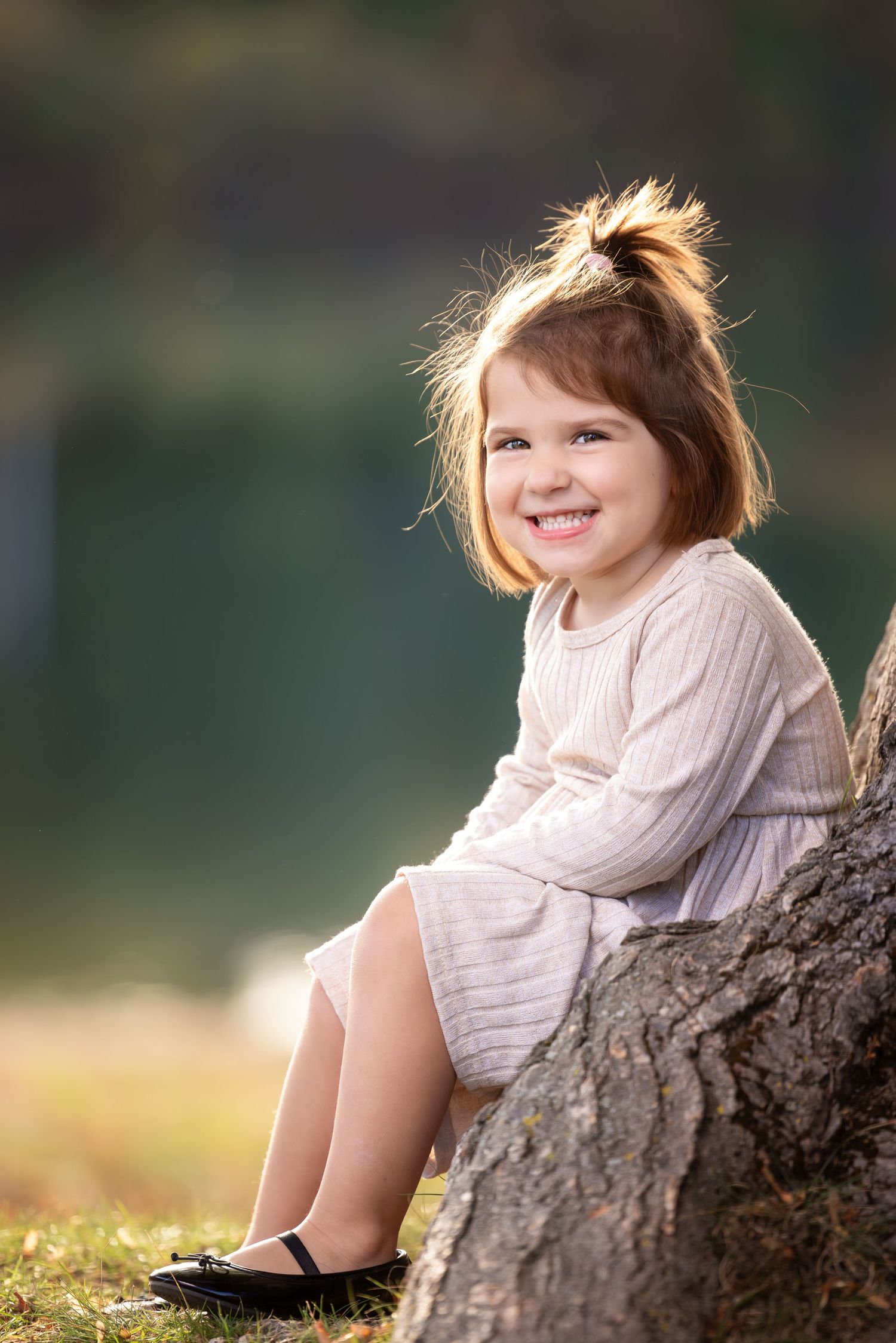 A young child in a white sweater sits on a fallen tree trunk in a sunlit outdoor setting during golden hour.