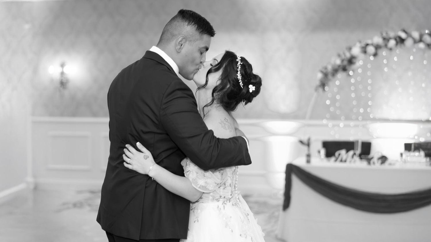 A black and white collage of six romantic wedding dance moments with couples in formal attire.