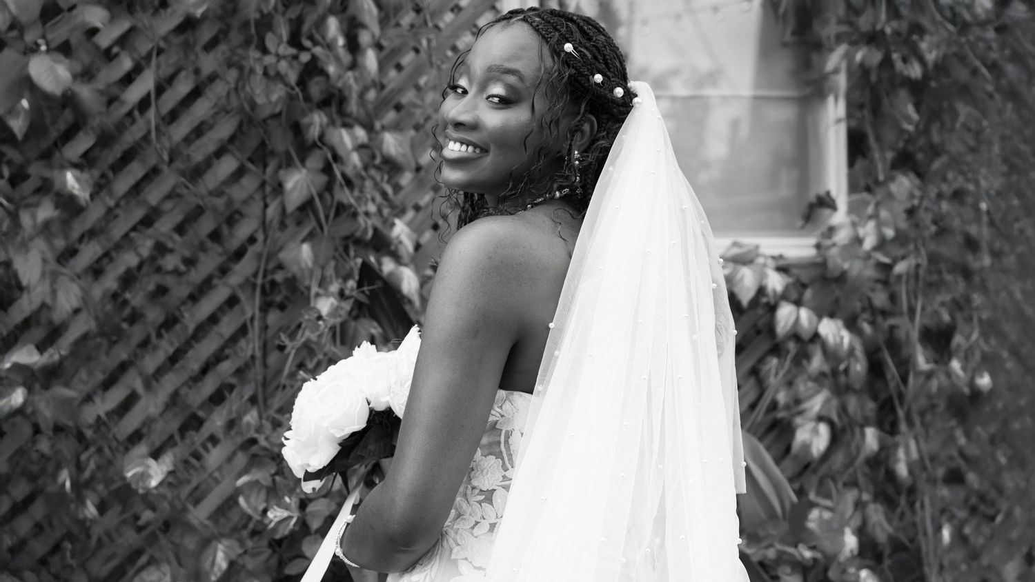 A series of six black and white wedding photos showing emotional moments and poses against textured backgrounds.