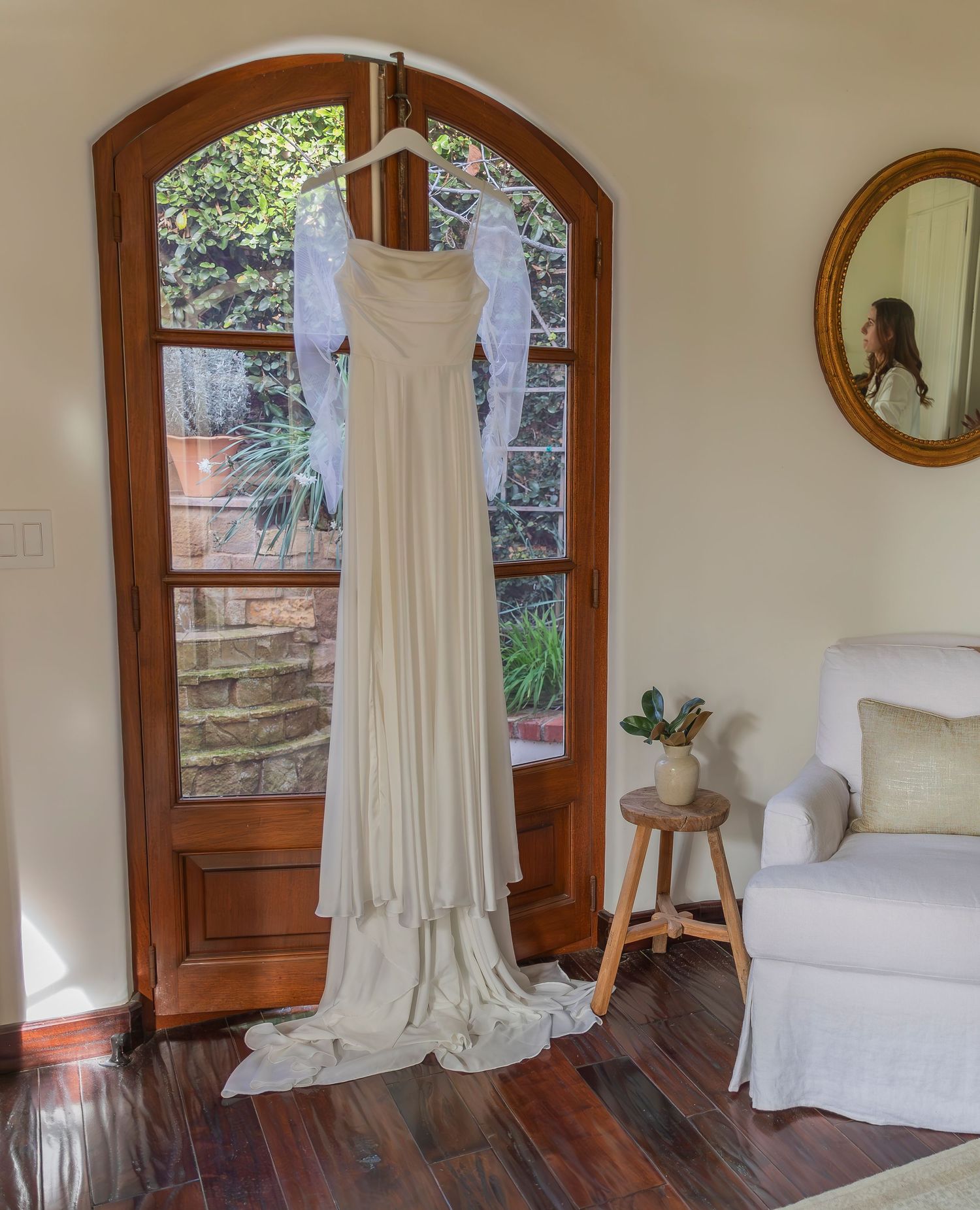Wedding dress hanging before ceremony in Magnolia Texas