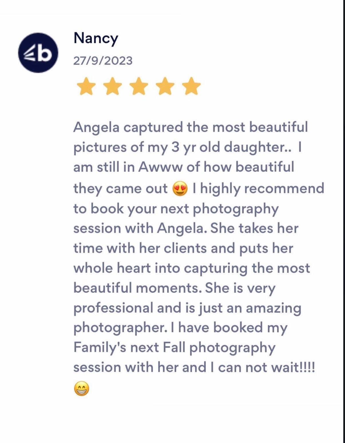 Screenshot of five-star customer review praising photography services.
