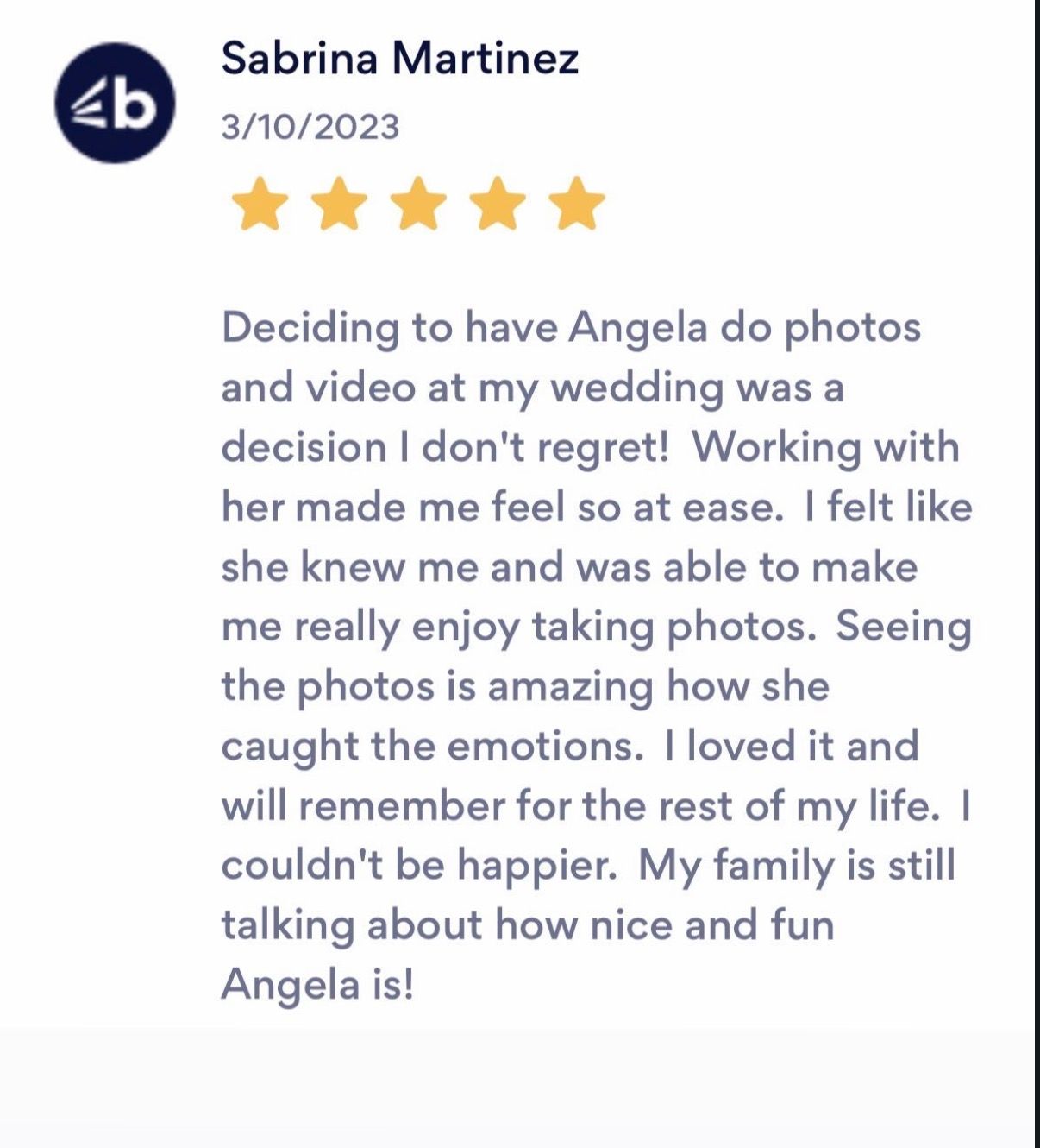 Customer review expressing satisfaction with wedding photography services.