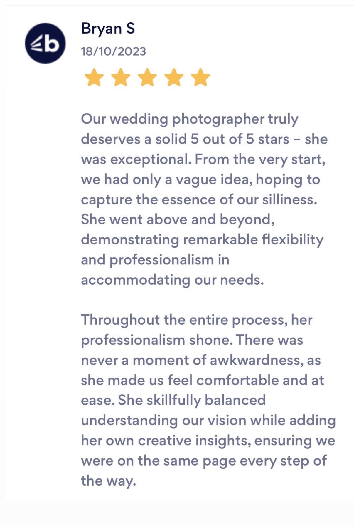 Five-star review describing exceptional wedding photography service and professionalism.
