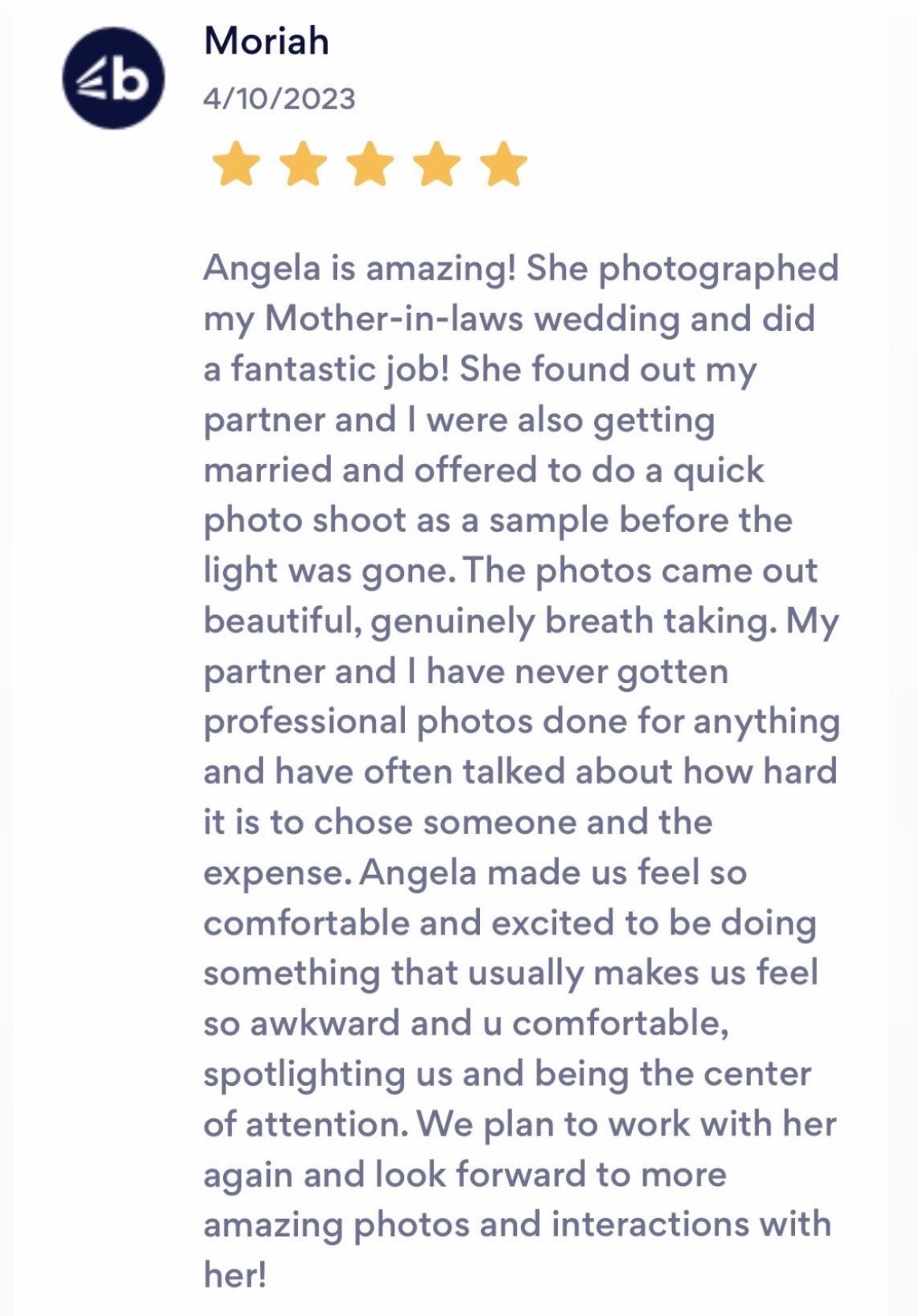 Wedding photography review highlighting personalized service and beautiful results.