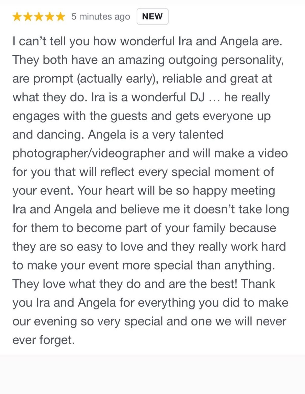 Glowing testimonial praising wedding vendors for their outgoing personalities and service quality.