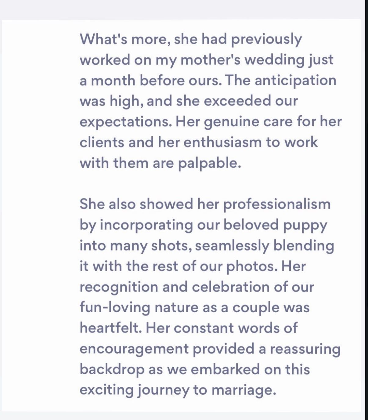 Customer review text praising wedding vendor's attention to detail and professionalism.