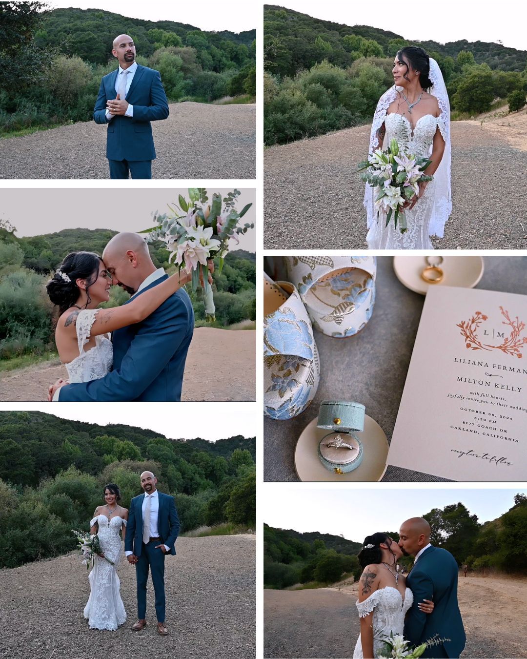 A romantic outdoor wedding photo collection showing intimate moments, floral bouquets, and invitation details at a scenic venue.