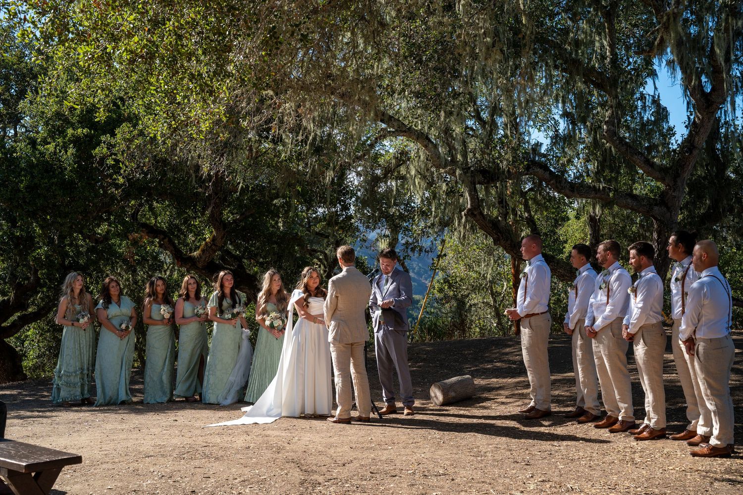 A wedding party in white attire poses together outdoors under a canopy of trees on a sunny day.