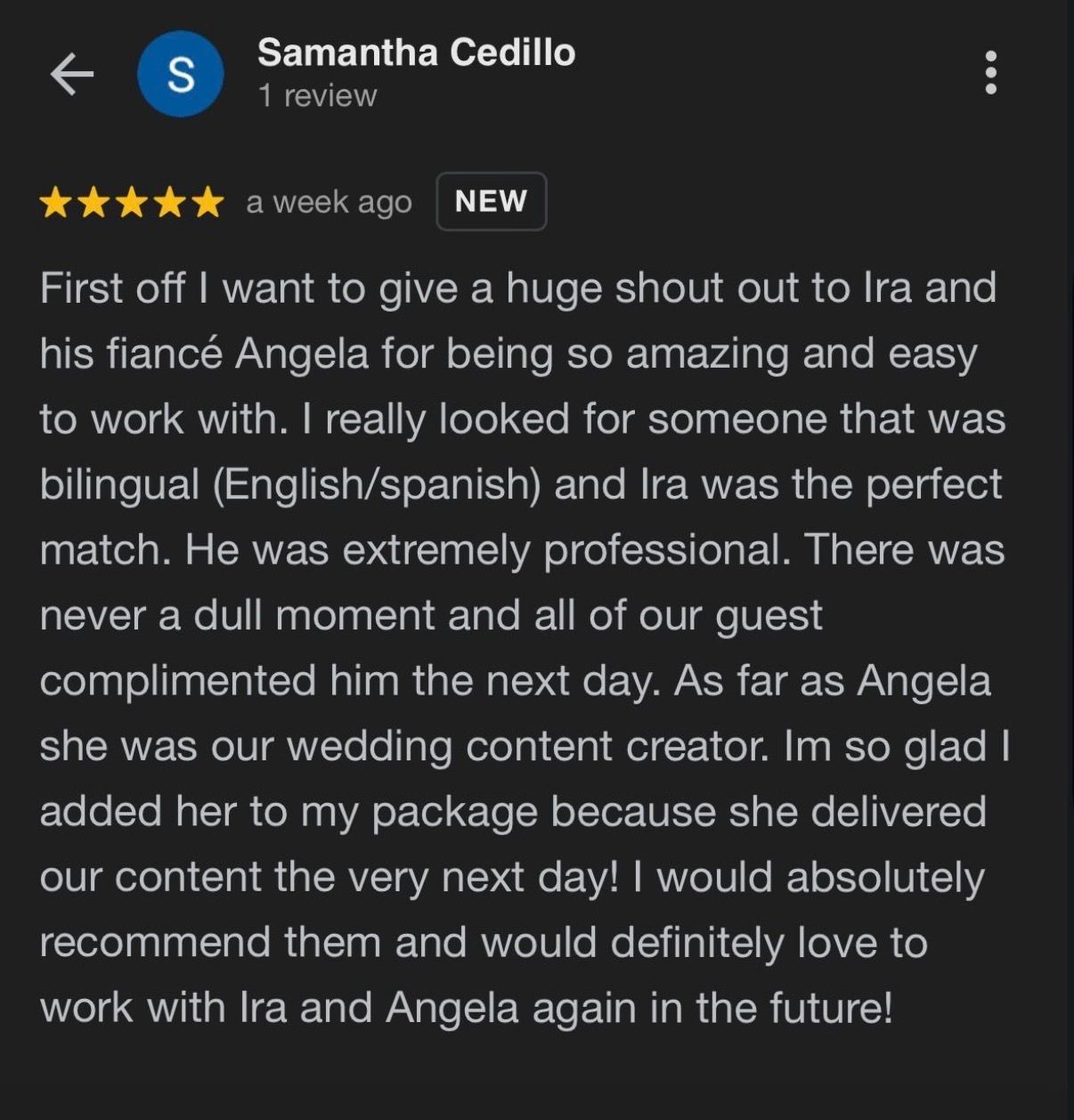 Wedding reviews showing 5-star ratings and positive feedback for photography and DJ services.
