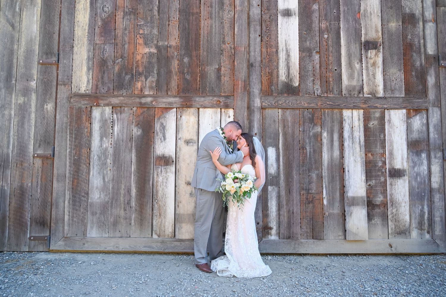 Wedding ceremony photos against rustic wooden barn backdrop.