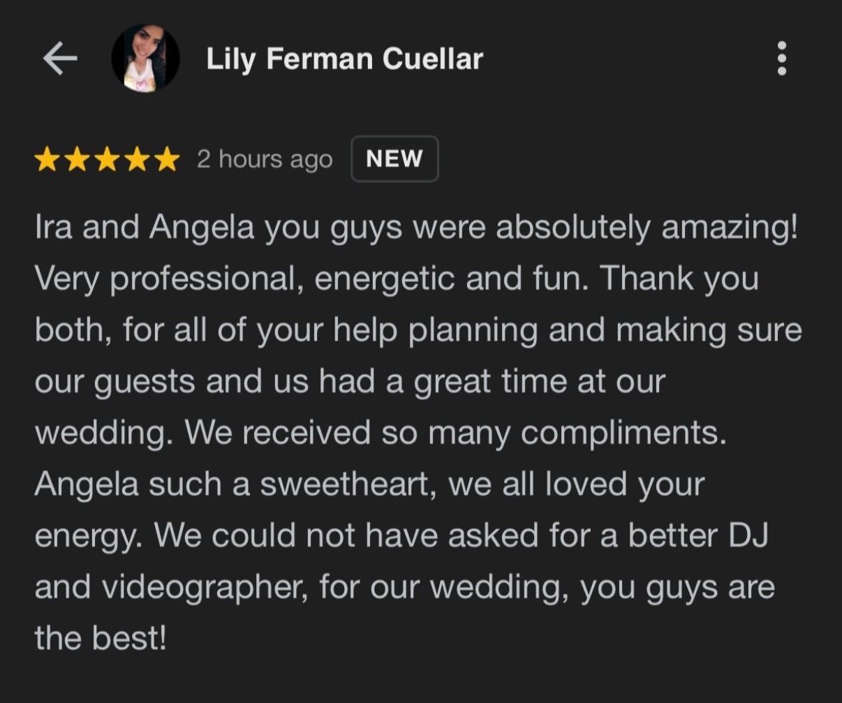 Social media review screenshot showing glowing testimonials for wedding services.
