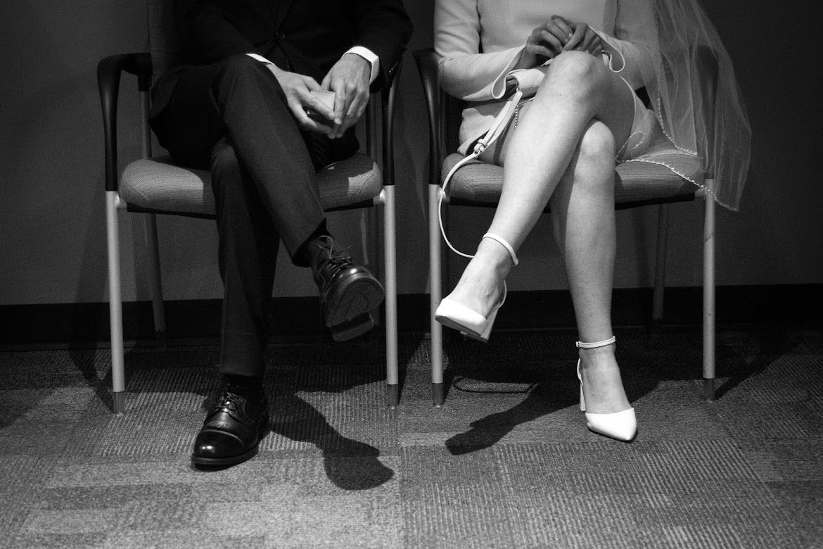 Groom and Bride cross legs towards each other and wait in anticipation to wed each other