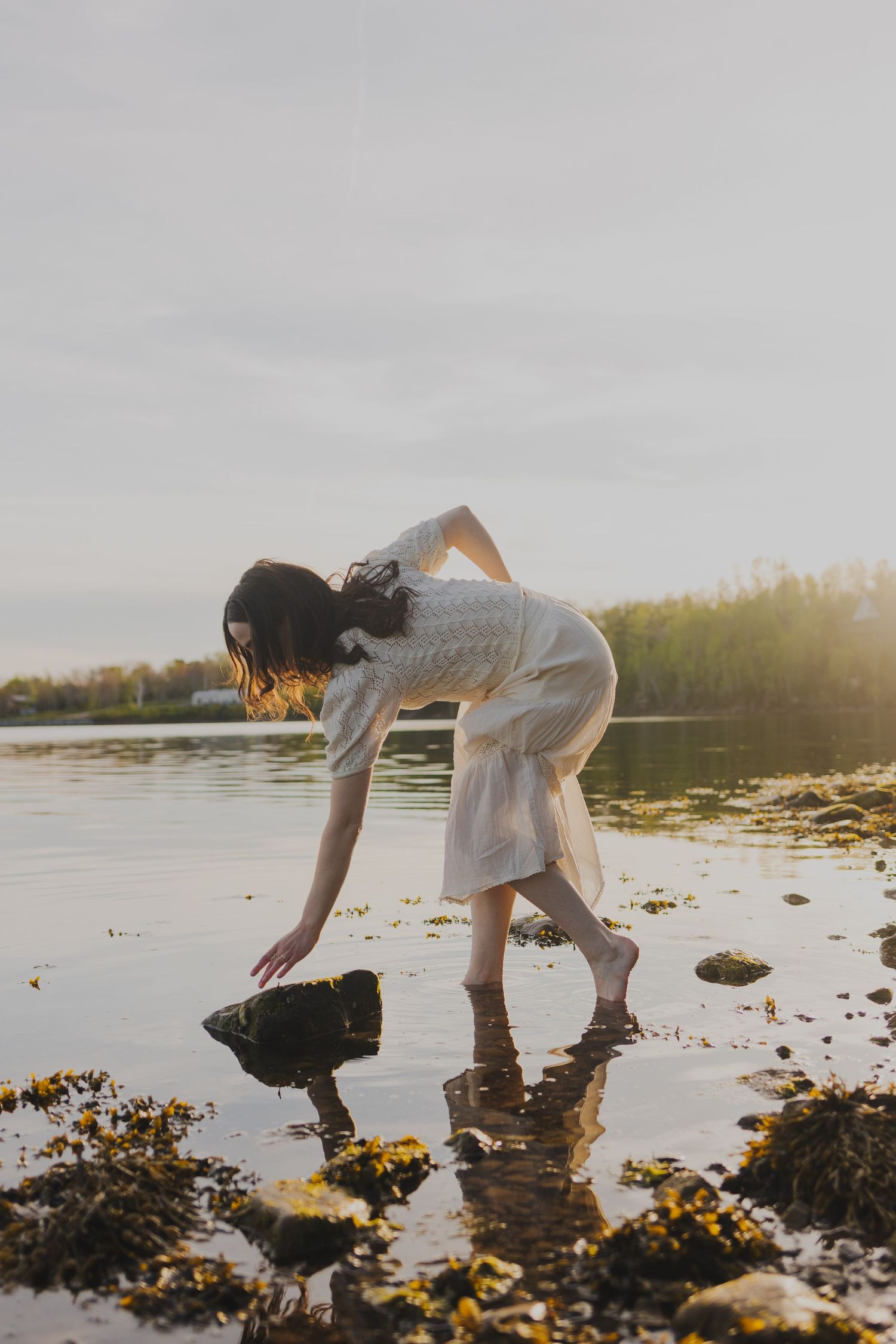 Woman in white dress bending over rocky shoreline at golden hour, touching mossy stones in shallow water.