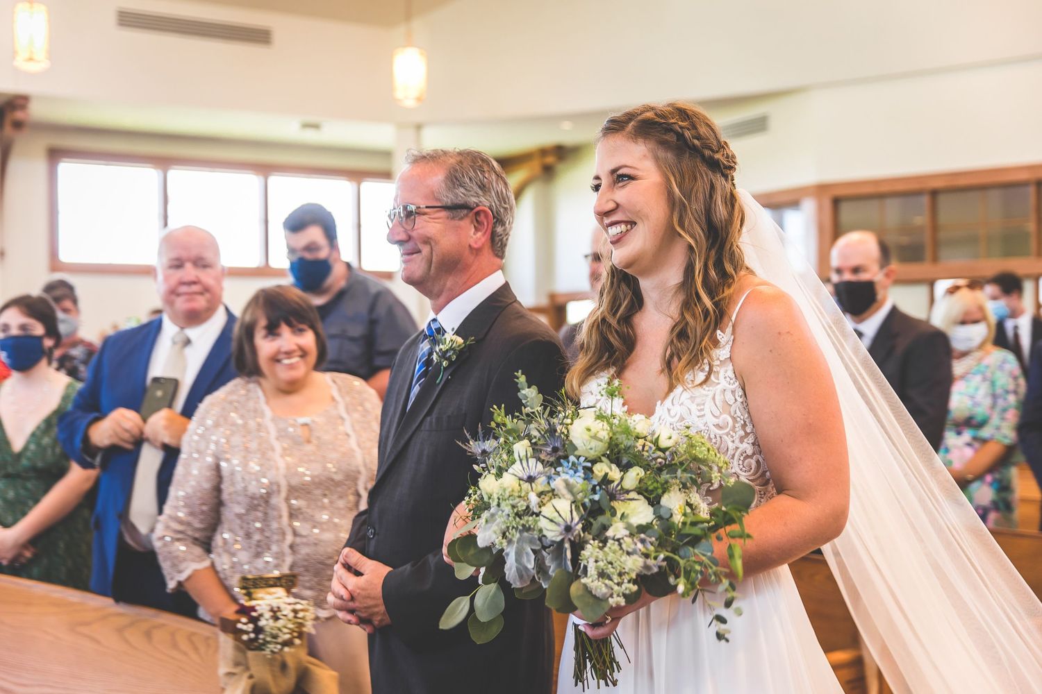 A collage of wedding ceremony moments showing guests and decorations in a church setting.