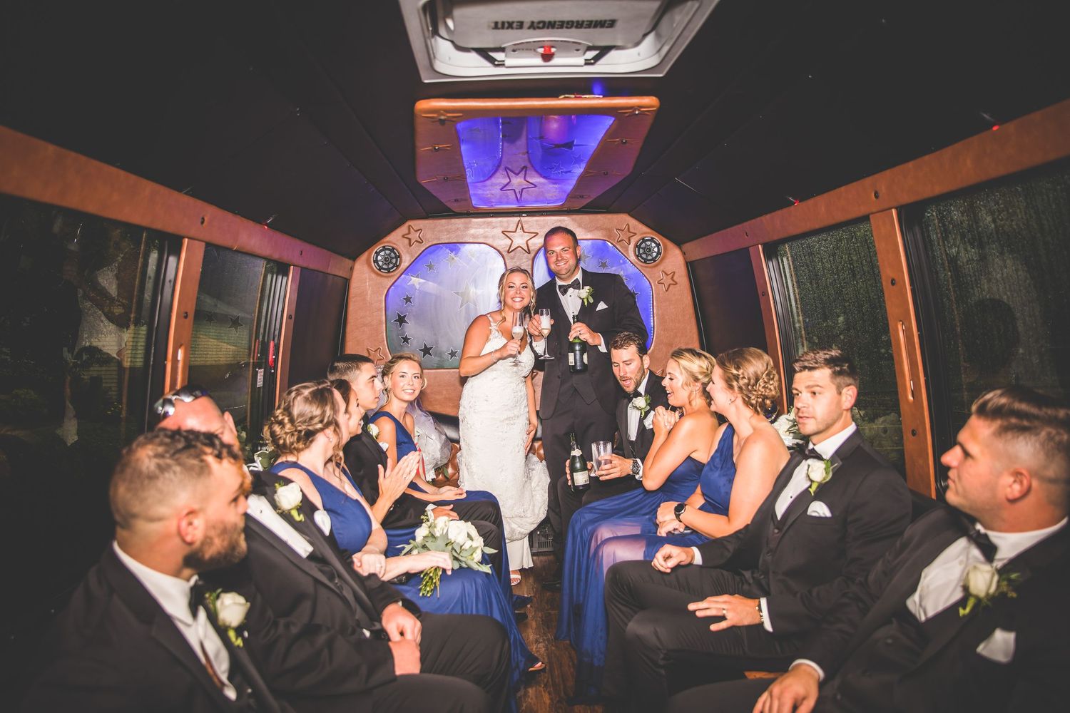 Wedding reception celebration with party lighting and festive atmosphere.