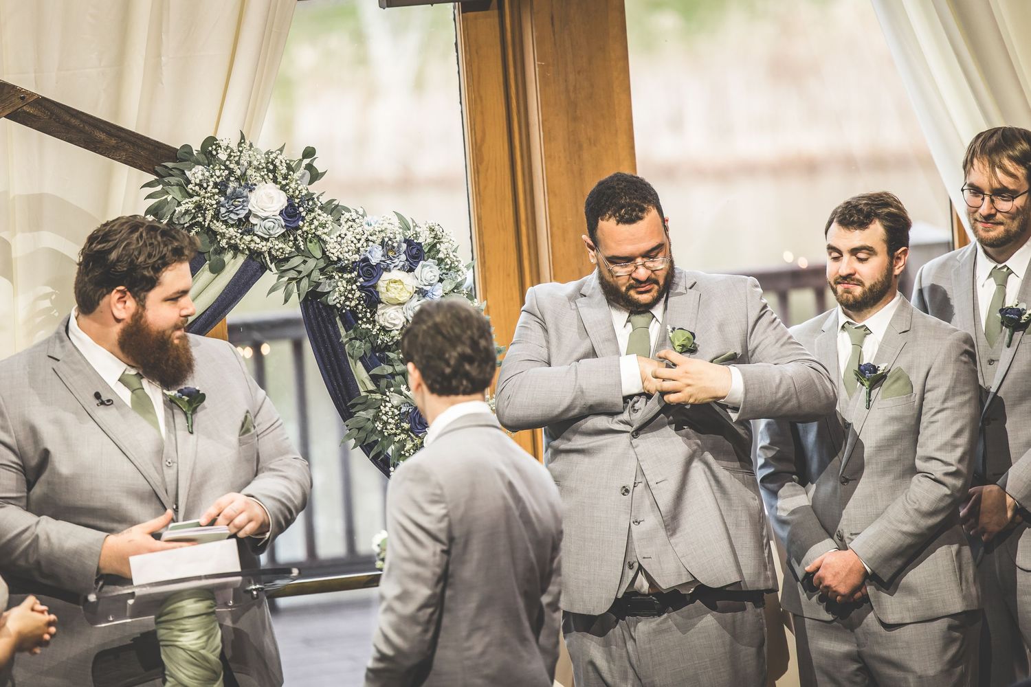 A series of candid moments during a wedding ceremony with grey-suited attendants.
