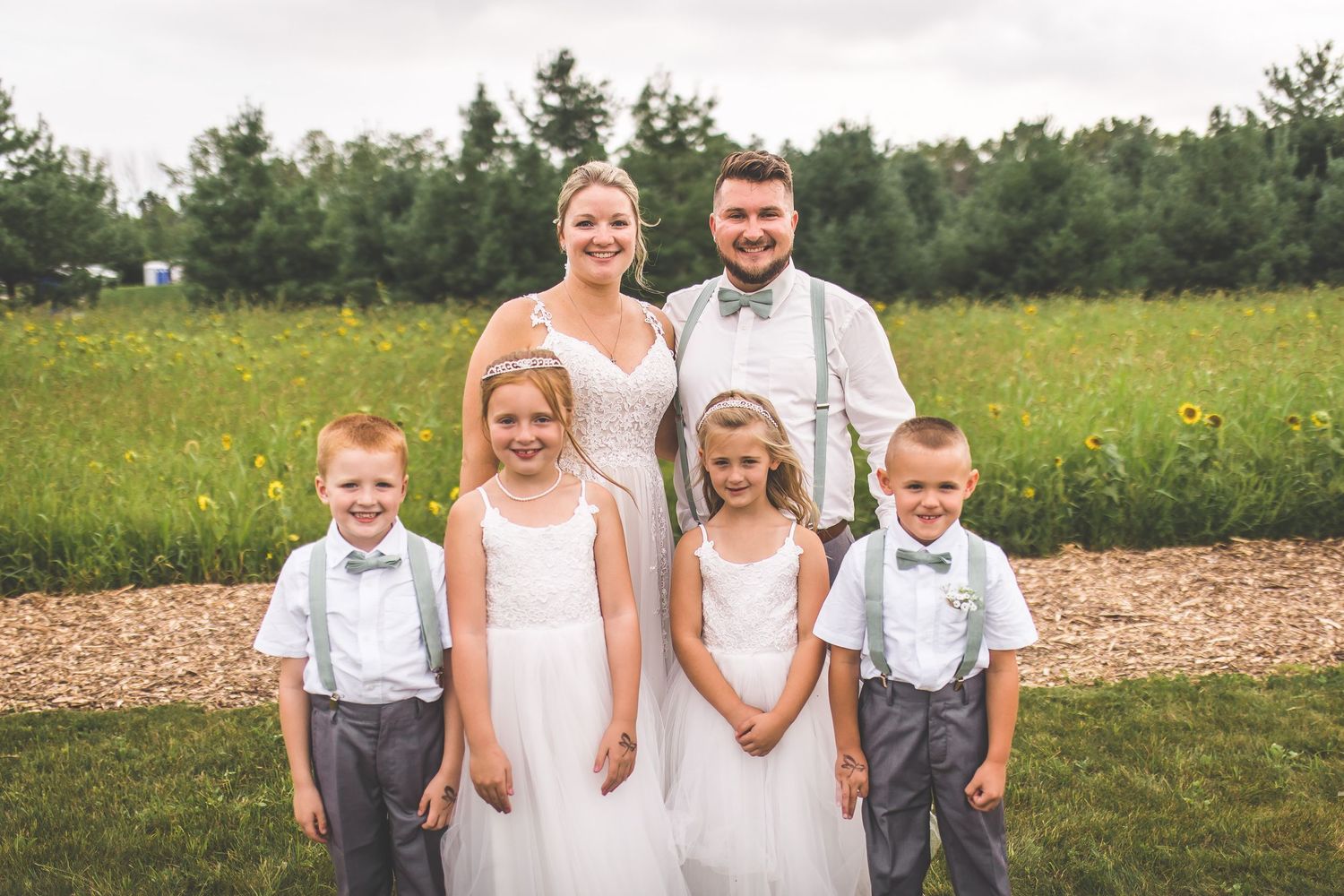 Candid shots of wedding party members in casual poses on grassy field.