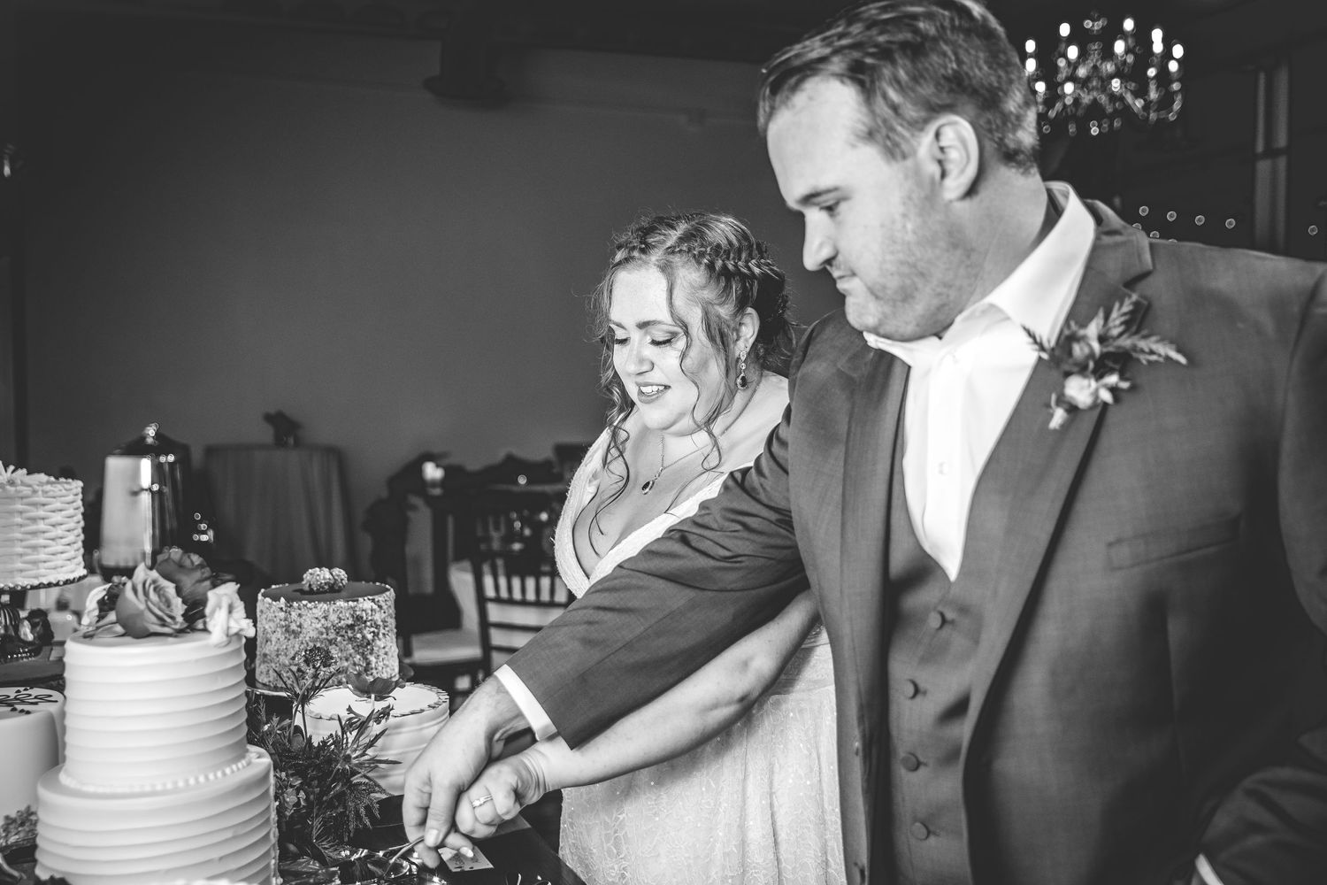 Wedding couple cuts their elegant white tiered cake during reception celebration.