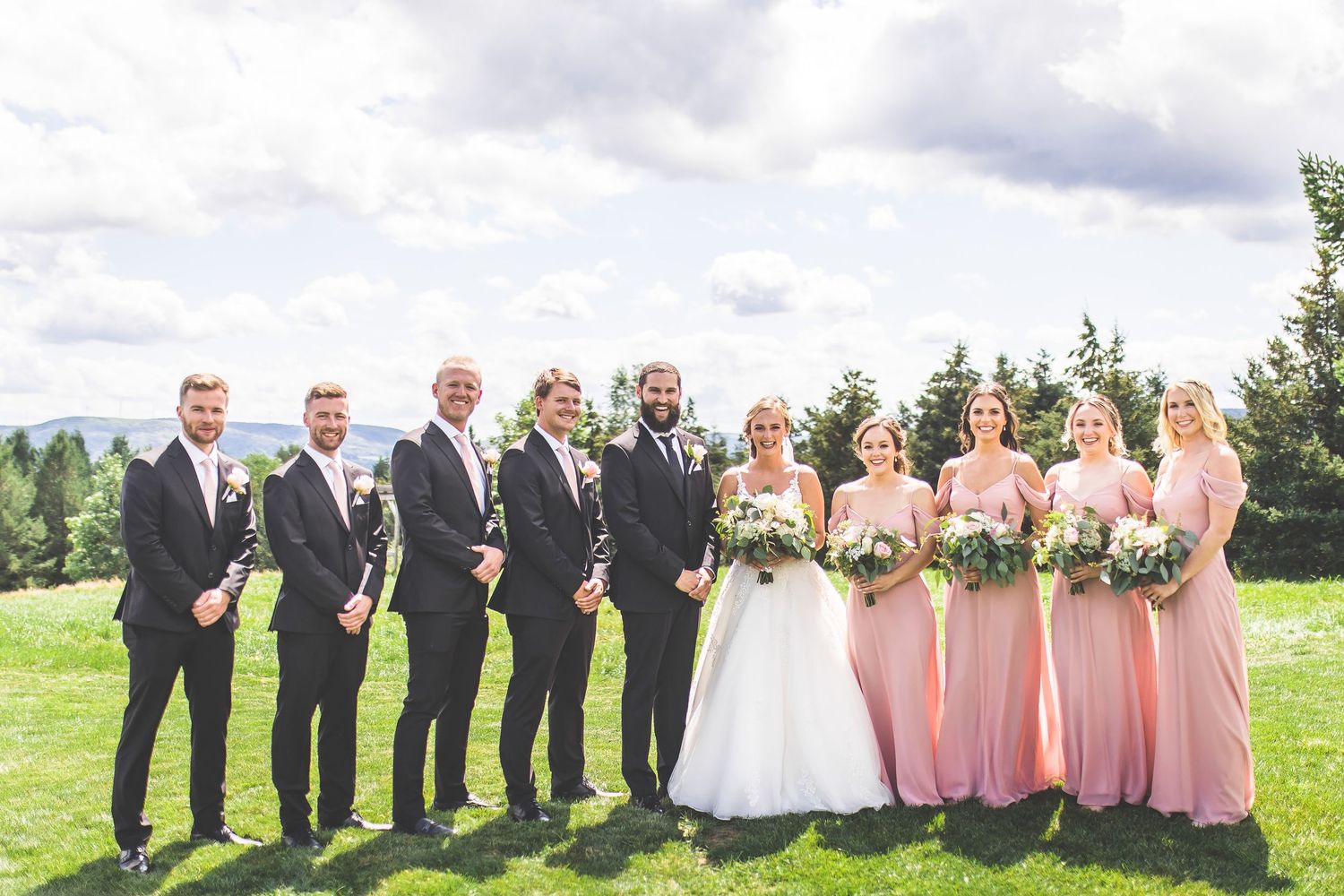 Wedding party in pink dresses and dark suits poses together on a grassy hill with mountains in background.